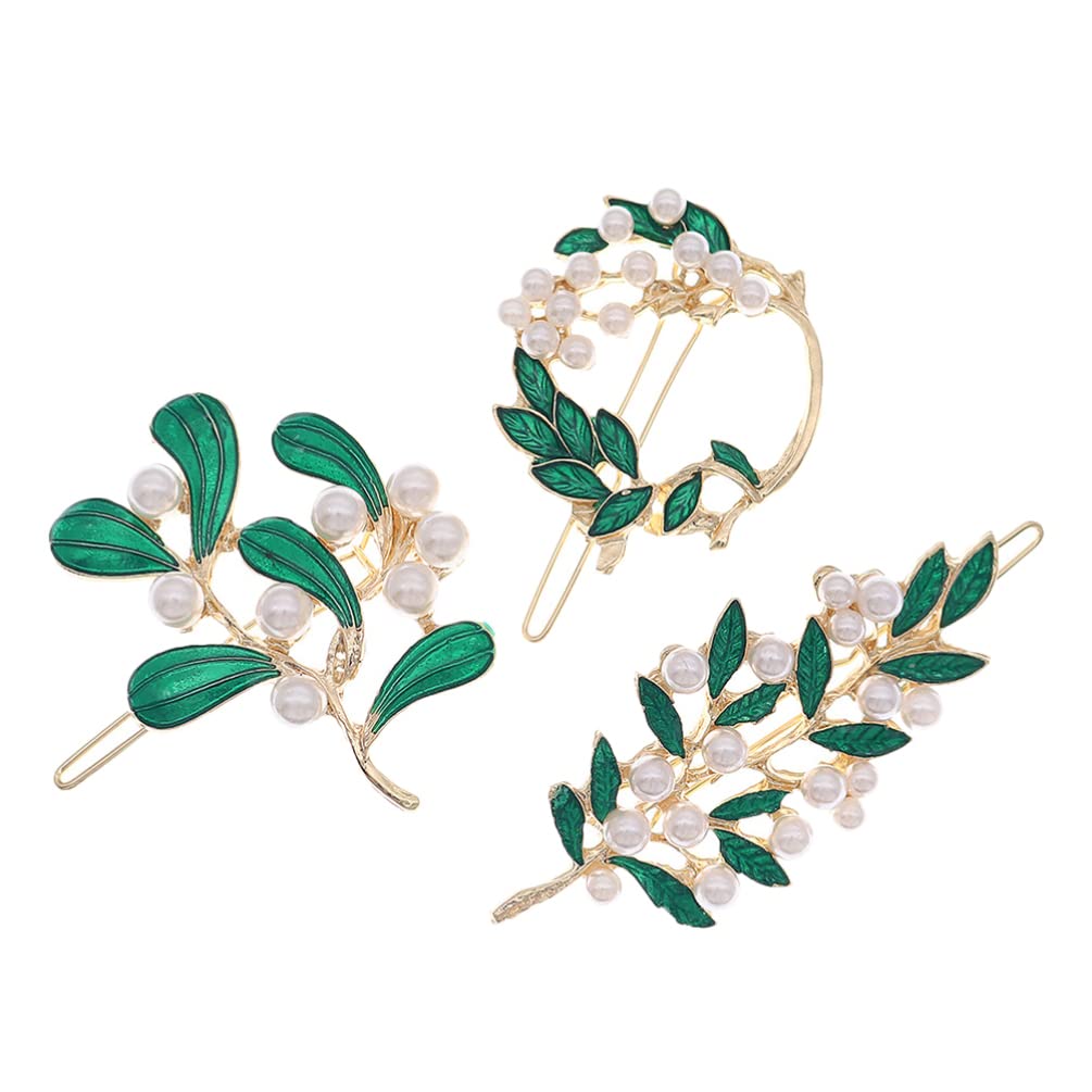 3Pcs Elegant Pearl Leaf Hair Clips - Fashion Hair Barrettes & Slides for Women & Girls | Green Hair Accessories for Weddings, Parties & Daily Styling