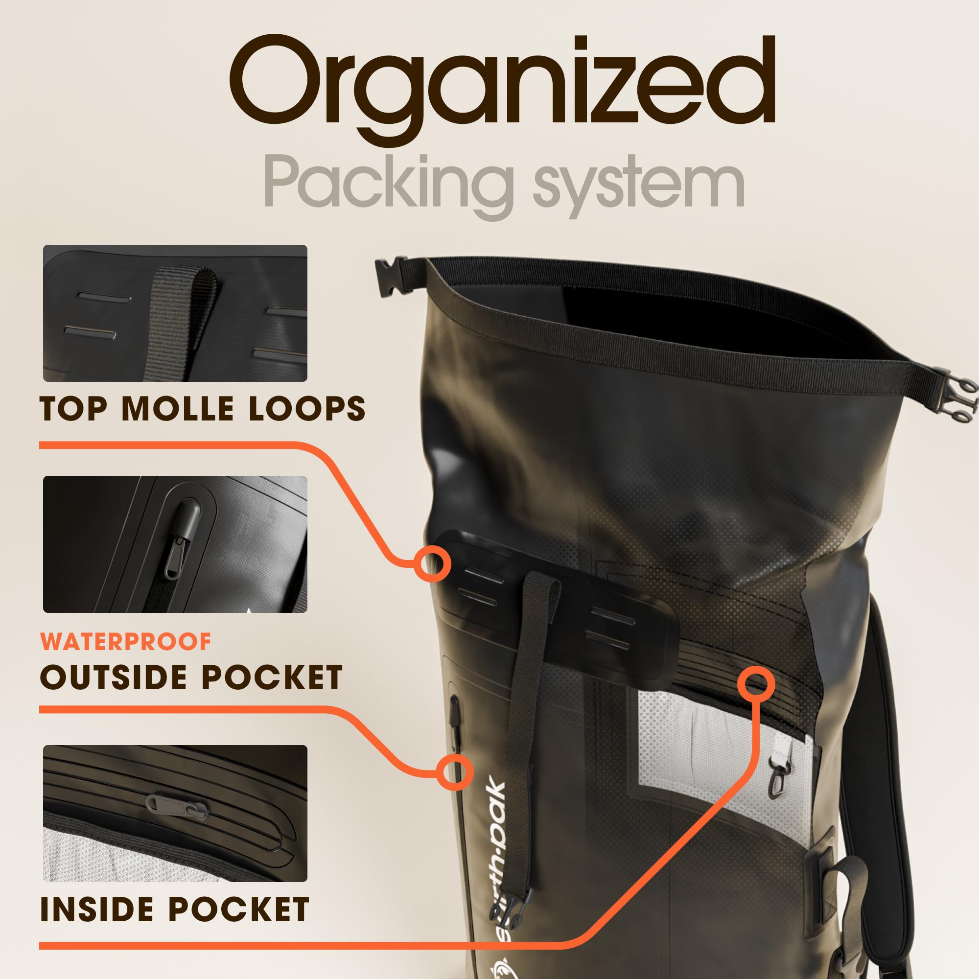 **Earth Pak Waterproof Backpack - Heavy Duty Roll-Top Dry Bag with Front Zipper Pocket & Waterproof Phone Case - Ideal for Hiking, Kayaking, Travel & Outdoor Adventures**
