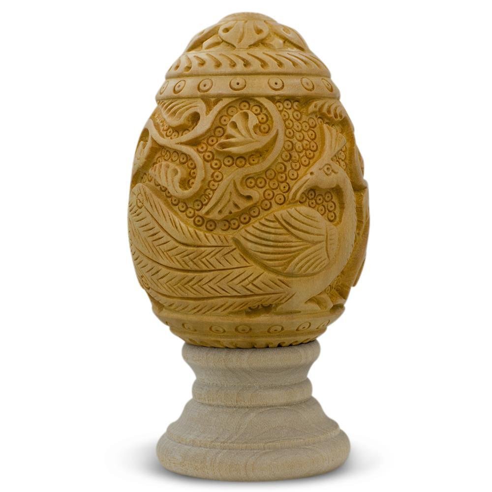 Hand Carved Peacock Wooden Easter Egg - 3 Inch Ukrainian Pysanky Art for Easter Decorations & Holiday Gifts