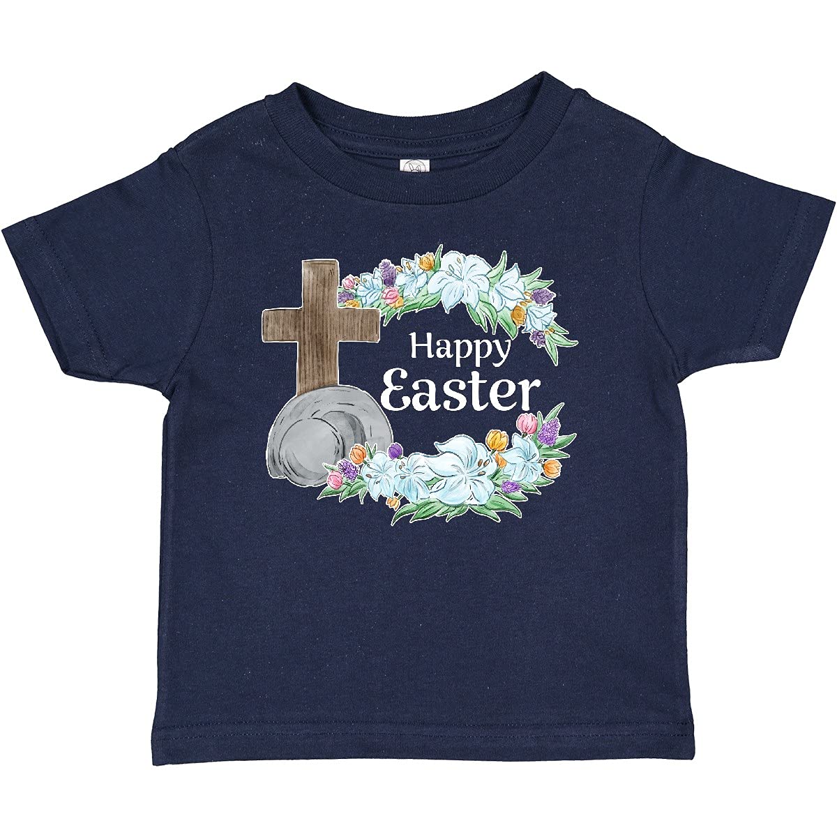 Inktastic Happy Easter with Cross and Flowers Baby T-Shirt - Cute Easter Outfit for Infants & Toddlers - Perfect for Church, Family Gatherings & Easter Egg Hunts