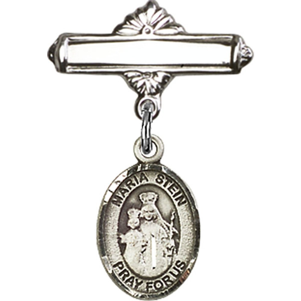 Sterling Silver Baby Badge with Maria Stein Charm & Polished Pin (1 X 5/8 Inch) - Perfect for Christening Gifts, Baby Showers & Keepsake Jewelry