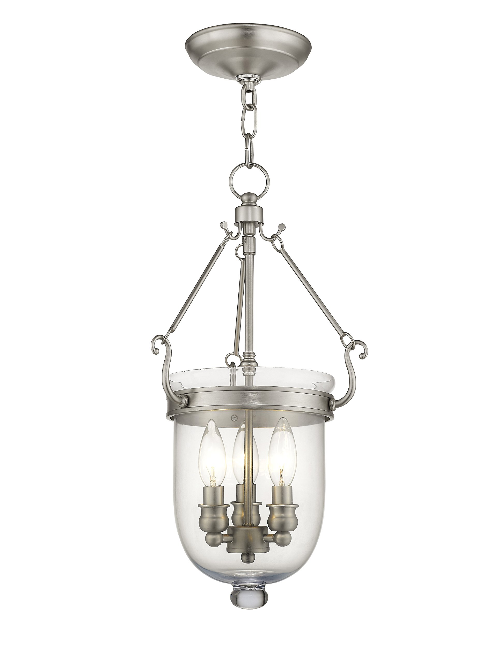 Livex Lighting Jefferson 3-Light Brushed Nickel Bell Jar Hanging Lantern with Clear Glass - Perfect for Entryway, Dining Room, or Patio Lighting
