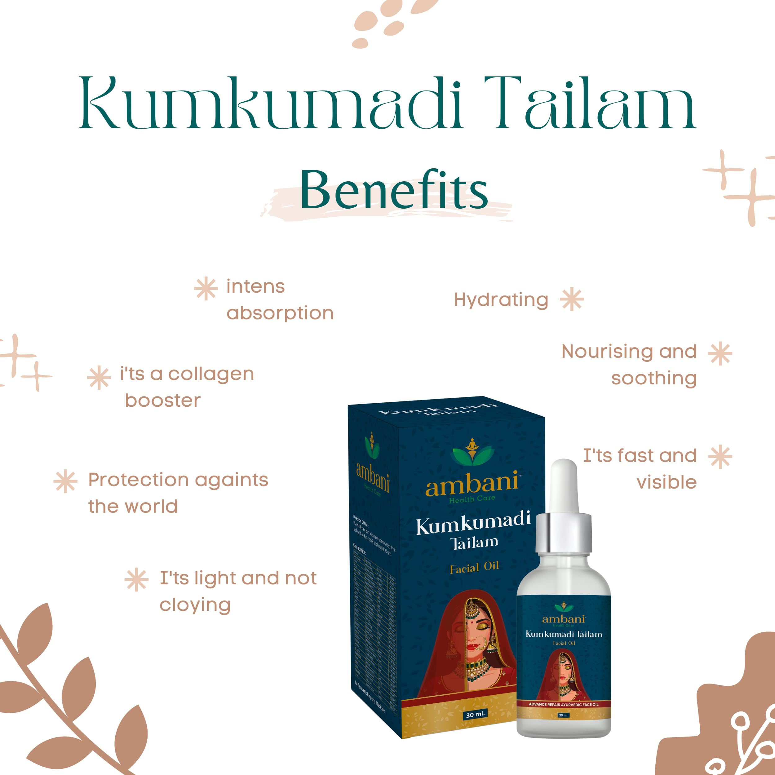 AMBANI HEALTH CARE Kumkumadi Tailam Face Oil - Natural Ayurvedic Herbal Serum for Glowing Skin, Anti-Aging, Acne & Pimple Treatment - Repairs Dull & Damaged Skin - Suitable for Women & Men (30ml) - Perfect for Daily Skincare Routine & Nighttime Skin Repair