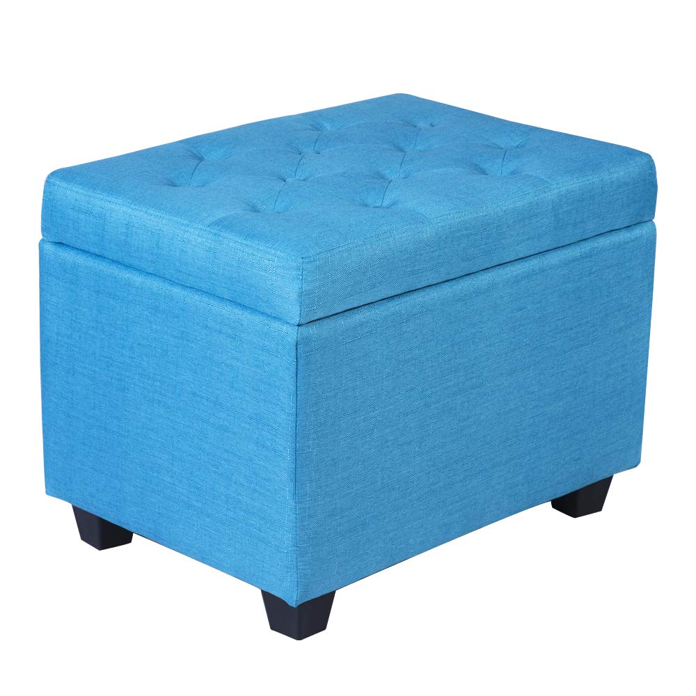 RICA-J Modern Button Tufted Linen Fabric Storage Ottoman Bench with Removable Lid - Large Square Footrest Stool for Living Room, Bedroom & Dorm (Blue) | Space-Saving Seating & Hidden Storage Solution for Small Spaces