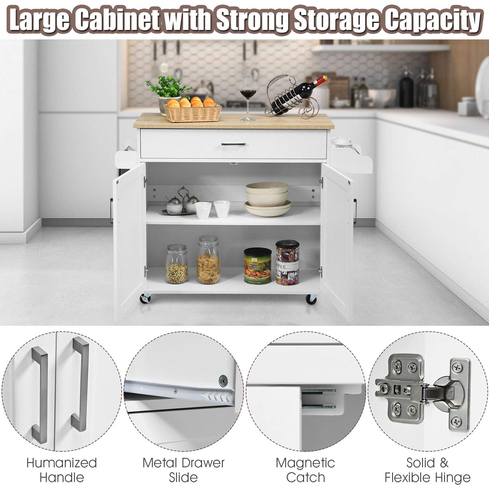 Giantex White Kitchen Island Cart with Spice Rack, Towel Holder, Large Drawer & 2-Door Cabinet - Mobile Kitchen Trolley on Lockable Wheels for Home, Restaurant & Small Space Cooking - Perfect for Meal Prep, Storage & Serving