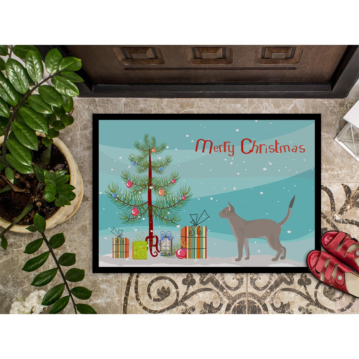 Blue Abyssinian Cat Christmas Doormat - Non-Slip Holiday Welcome Mat for Front Door Decor, Perfect for Christmas Entryway & Festive Home Decor