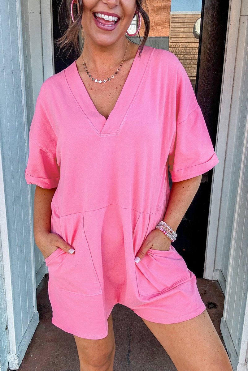 Bonbon Women's Loose Fit Half Sleeve V-Neck Knit Romper - Casual Summer Outfit for Beach, Vacation & Everyday Wear