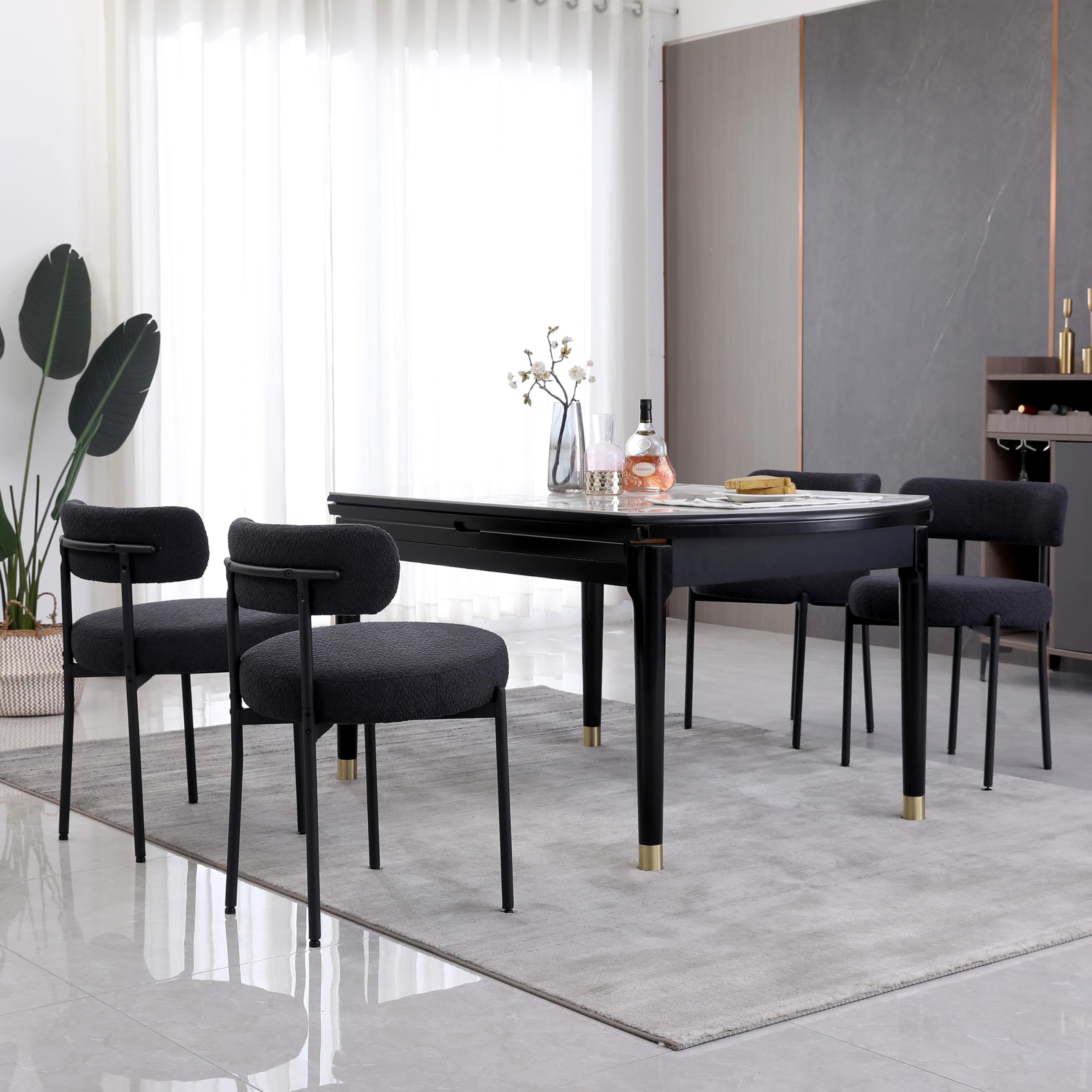 Black Boucle Dining Chairs Set of 4 - Round Upholstered Mid-Century Modern Kitchen Chairs with Curved Backrest & Metal Legs - Perfect for Dining Room, Kitchen Island, Breakfast Nook & Small Space Decor