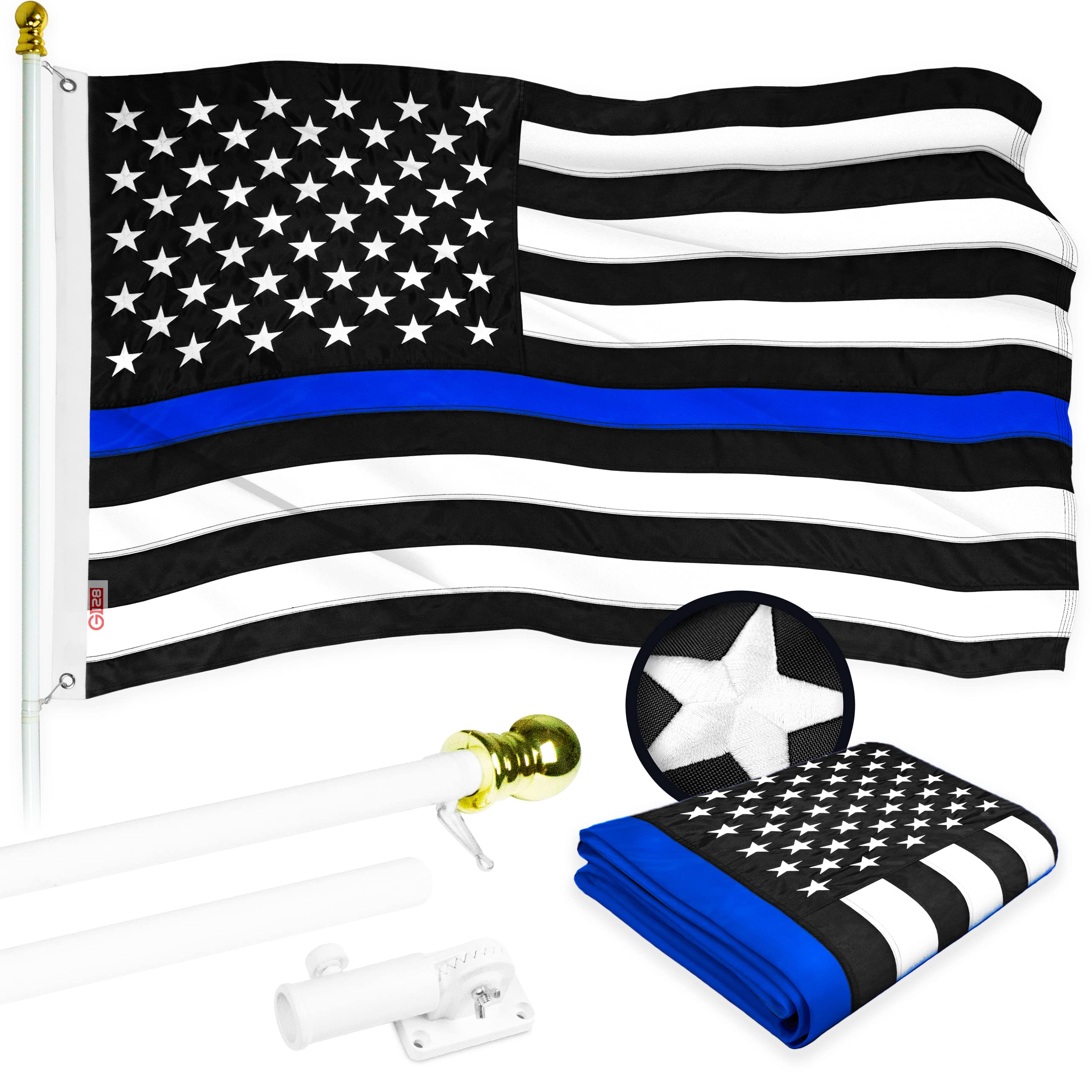 5ft White Spinning Flagpole with Thin Blue Line Flag - 2x3ft Embroidered Flag with Brass Grommets Included - Durable Aluminum Pole for Home, Garden & Patriotic Displays