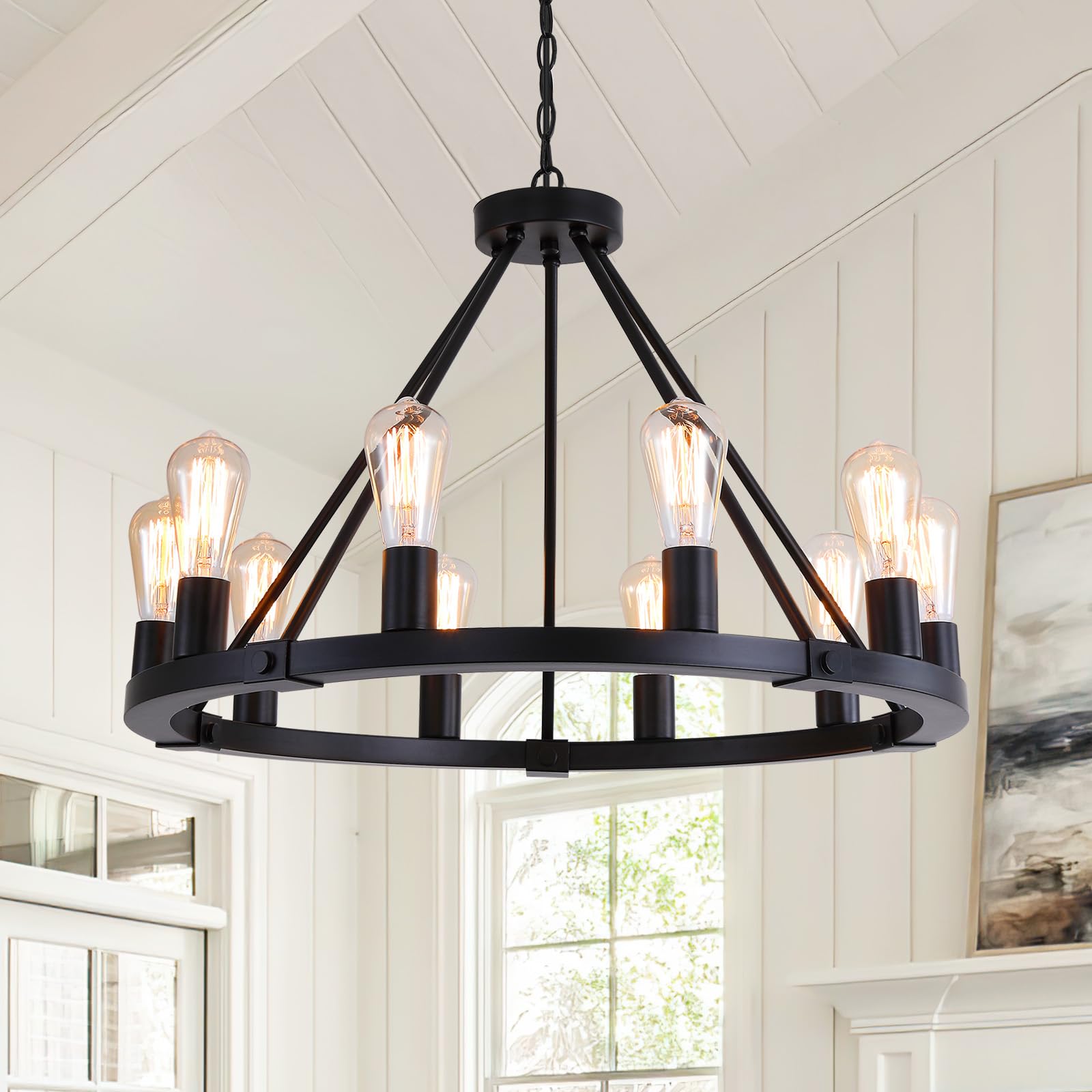 9MMML 10-Light Black Wagon Wheel Chandelier - 26.4
