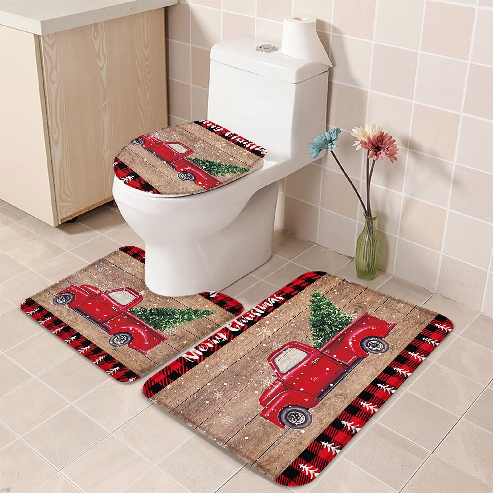3-Piece Non-Slip Christmas Red Truck Bathroom Rug Set with Rubber Backing - Pine Tree & Wooden Plank Decor for Kids Bathroom - Perfect for Holiday Home Decor & Cozy Winter Bathroom Makeover