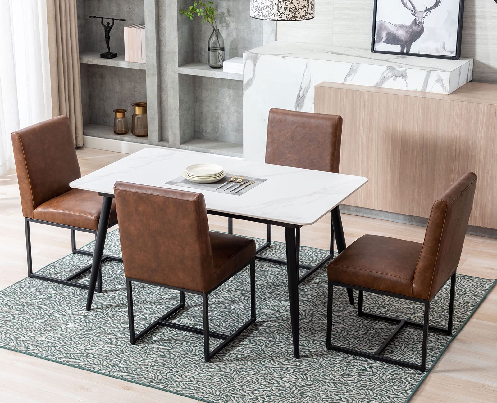Shunzhi Modern Dining Chairs Set of 2 - Black Metal Frame PU Leather Upholstered Mid Century Armless Padded Chairs for Dining Room, Living Room, Bedroom - Comfortable Seating for Home, Office & Restaurant Use