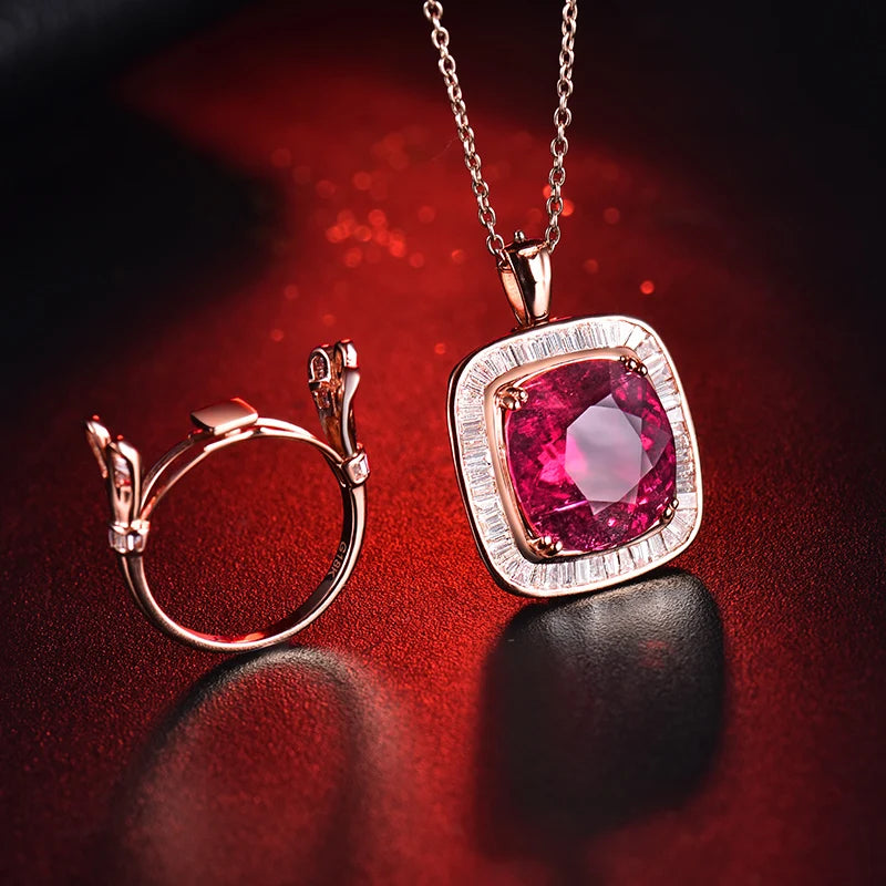 18K Rose Gold Tourmaline Ring & Pendant Set with Diamonds - Elegant Dual Jewelry for Weddings & Special Occasions