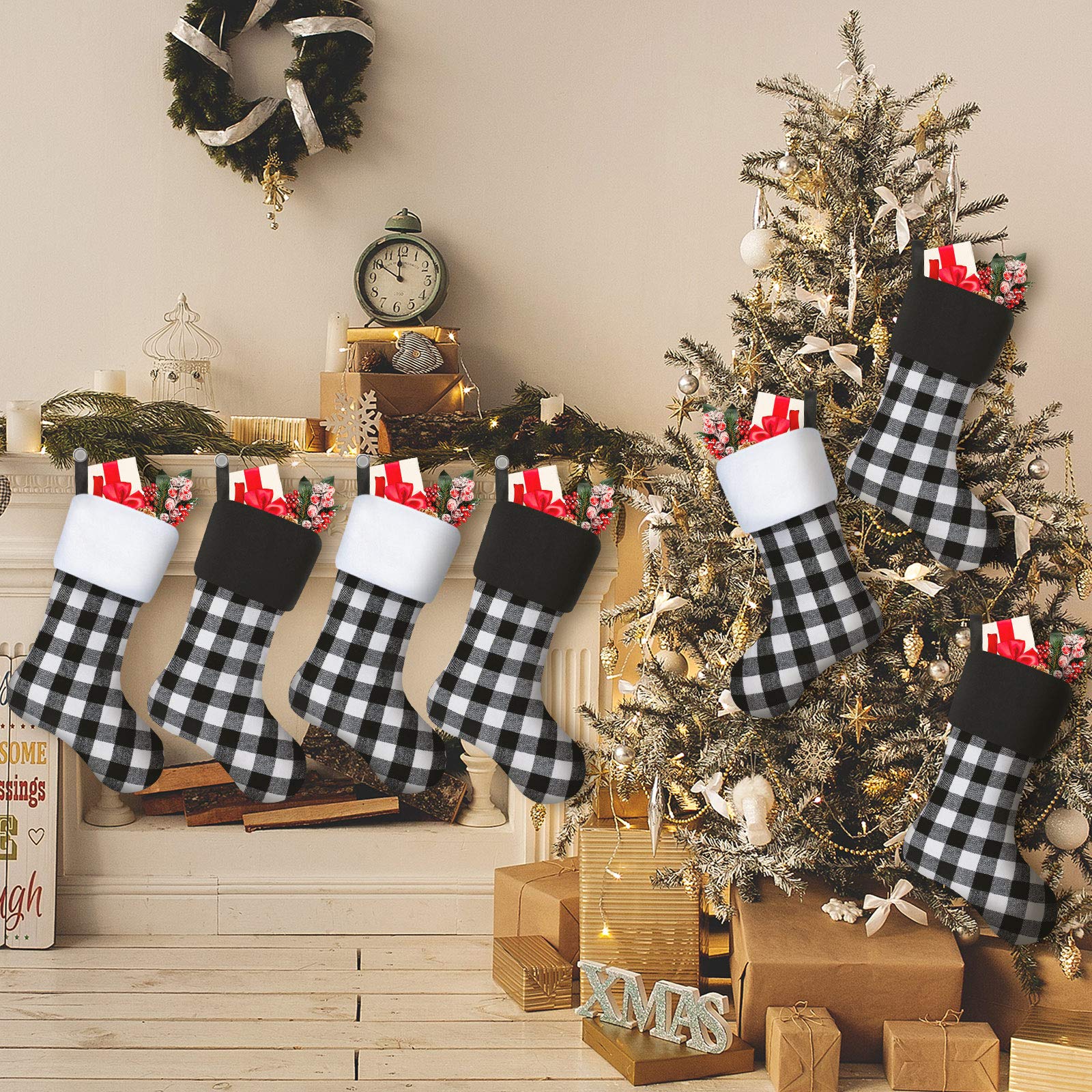 Skylety 20 Inch Christmas Stockings - Plaid Holiday Stockings with Faux Fur Cuff for Fireplace Decorations, Family Xmas Party (Black & White, Set of 6) - Perfect for Christmas Tree Decor, Gift Exchange & Festive Home Decor