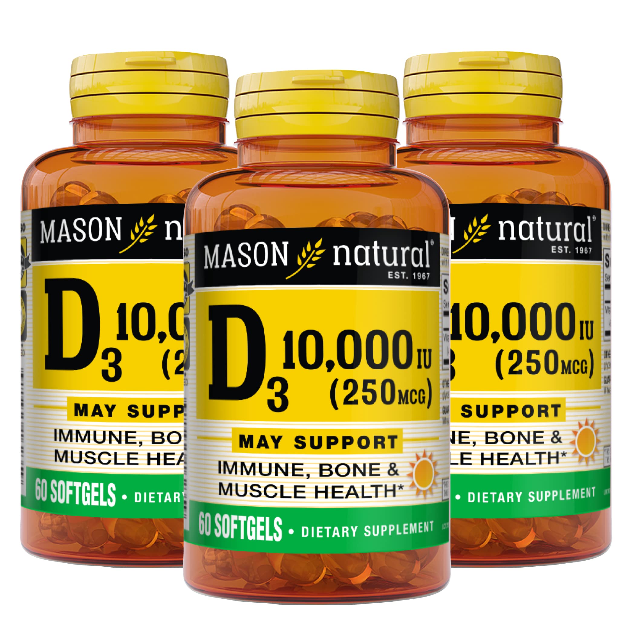 MASON NATURAL Vitamin D3 250 mcg (10000 IU) Softgels - Supports Bone & Muscle Health, Immune System, Corn Oil Derived - 60 Count (Pack of 3) | Daily Supplement for Adults & Seniors, Winter Wellness Support