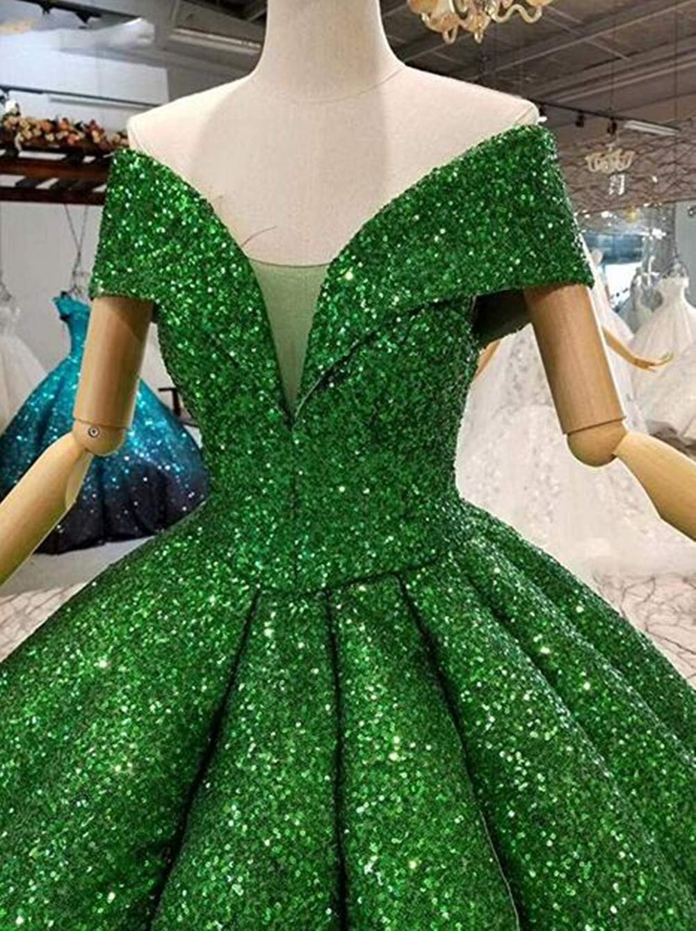 Emanni Women's Off-The-Shoulder Quinceañera Dress - Sparkling Sequin Ball Gown with Ruffled Hem in Champagne Gold | Perfect for Sweet 16, Prom, Wedding & Formal Events