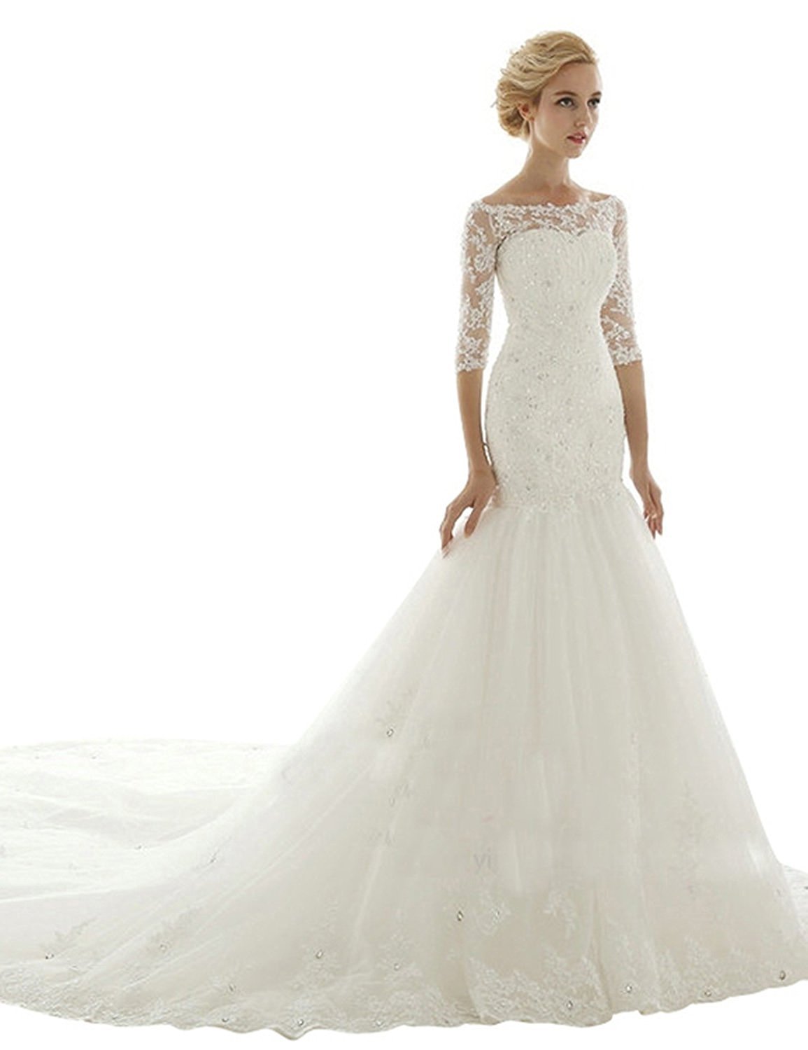 Sarahbridal Women's Mermaid Lace Tulle Beaded Wedding Dress with Long Chapel Train - Elegant Bridal Gown for Beach, Church, and Formal Weddings