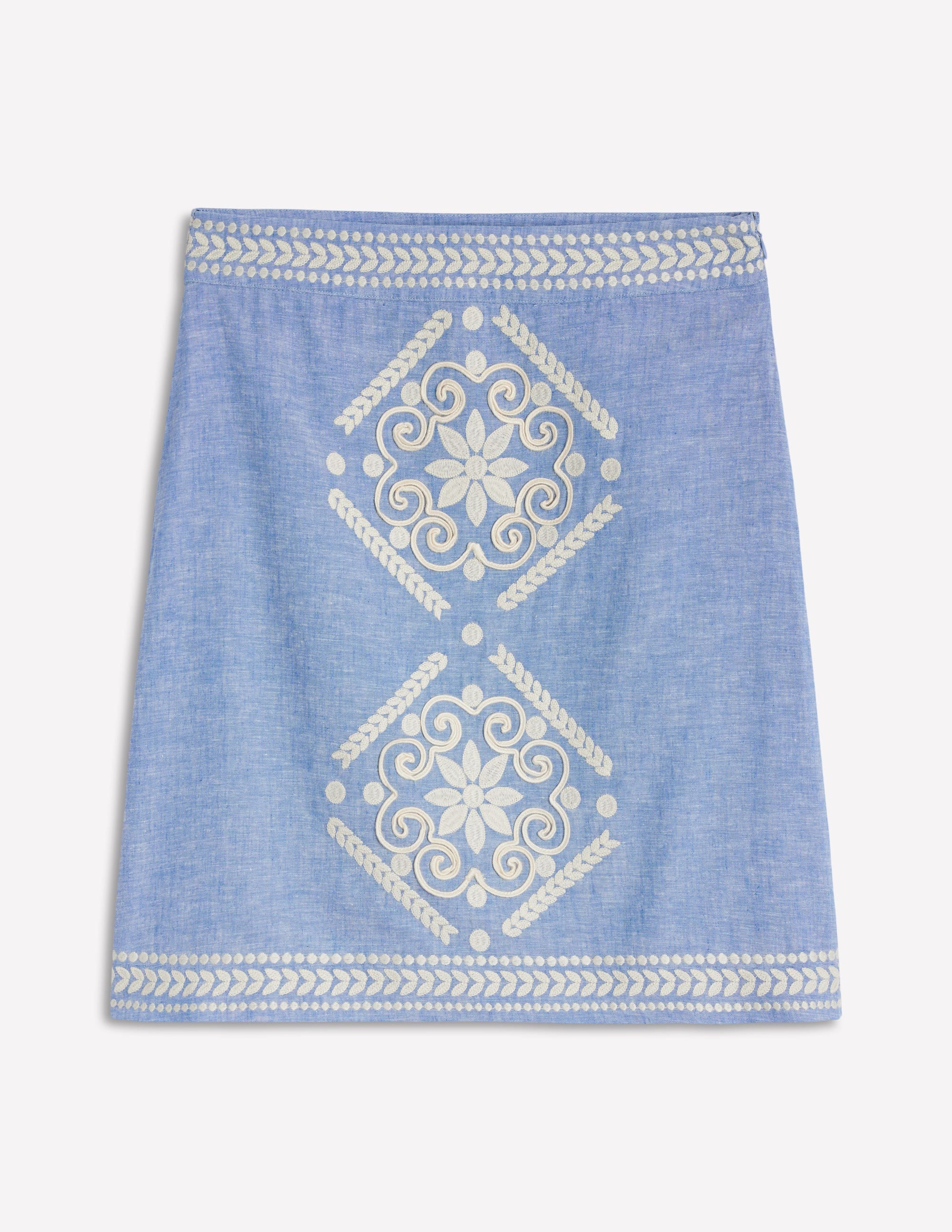 Elegant Aline Embroidered Linen Skirt for Women - Grey Blue Chambray Summer Dress | Perfect for Beach Vacations, Garden Parties & Casual Outings