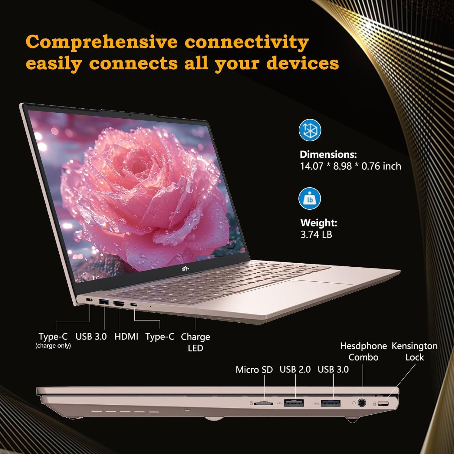 NIMO 15.6 Inch FHD Laptop - 16GB RAM, 1TB SSD, Intel Pentium Quad-Core N100 Processor (Up to 3.4GHz) - Windows 11, Backlit Keyboard, Fingerprint Reader - 2 Year Warranty - Rose Gold | Perfect for Students, Remote Work & Home Office Use