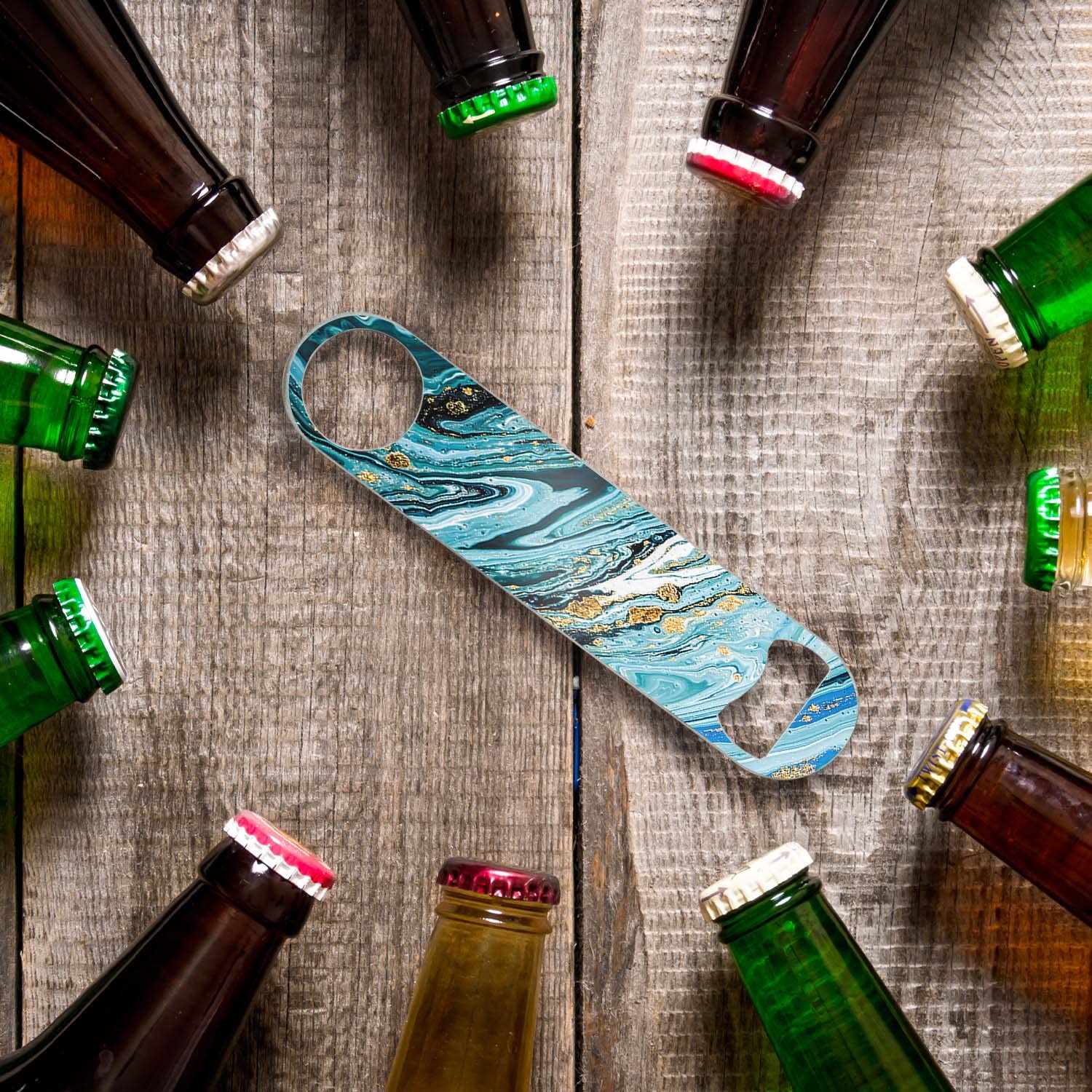 Heavy Duty Stainless Steel Flat Bottle Opener - 7 Inch Professional Bartender Tool with Blue Marble Design - Perfect for Bars, Parties, Camping & Home Use