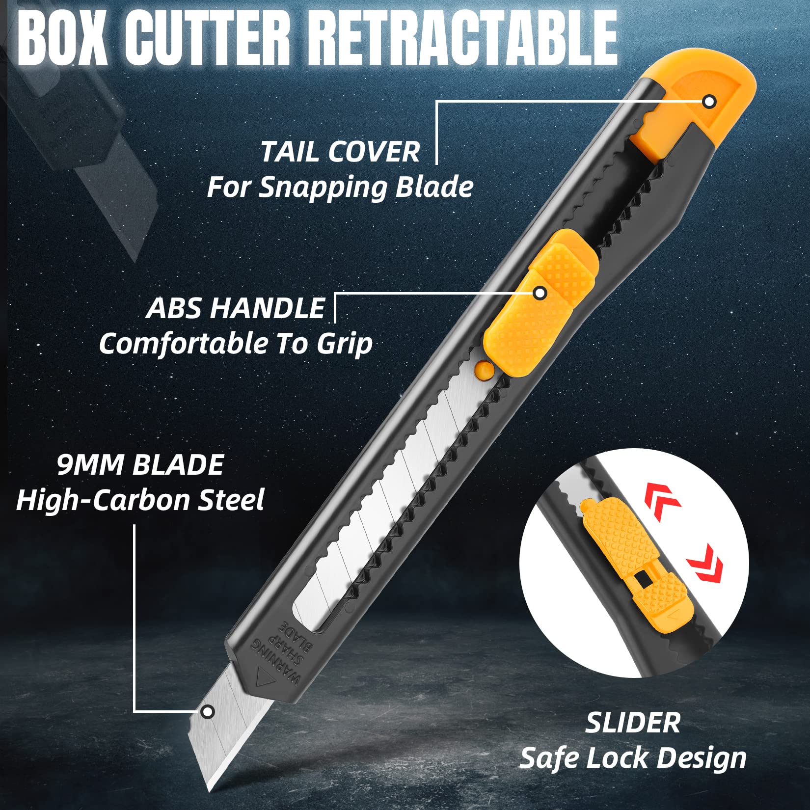 4 Pack Retractable Utility Knife with 9MM Snap-Off Blades - Heavy Duty Box Cutter for Cardboard, Wrapping, Packages - Exacto Knife for Office, Home, School, Warehouse & DIY Projects - Safe Razor Knife for Opening Boxes, Crafts & Shipping Supplies