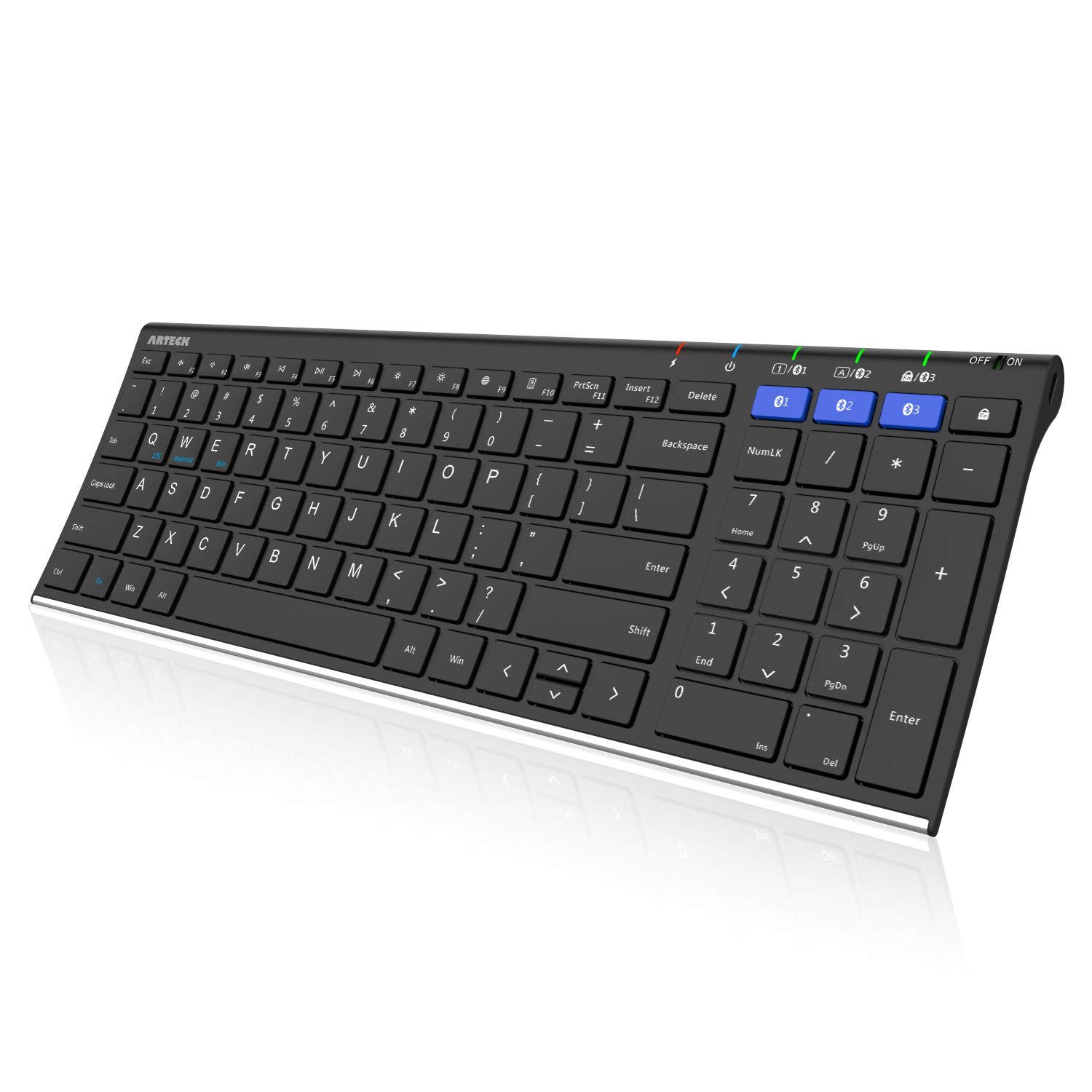 Arteck HB193 Universal Bluetooth Keyboard - Multi-Device Wireless Keyboard for Windows, iOS, Android, Mac - Full Size Stainless Steel Keyboard for Computer, Laptop, Tablet, Smartphone - Rechargeable Battery - Perfect for Office, Home & Travel Use