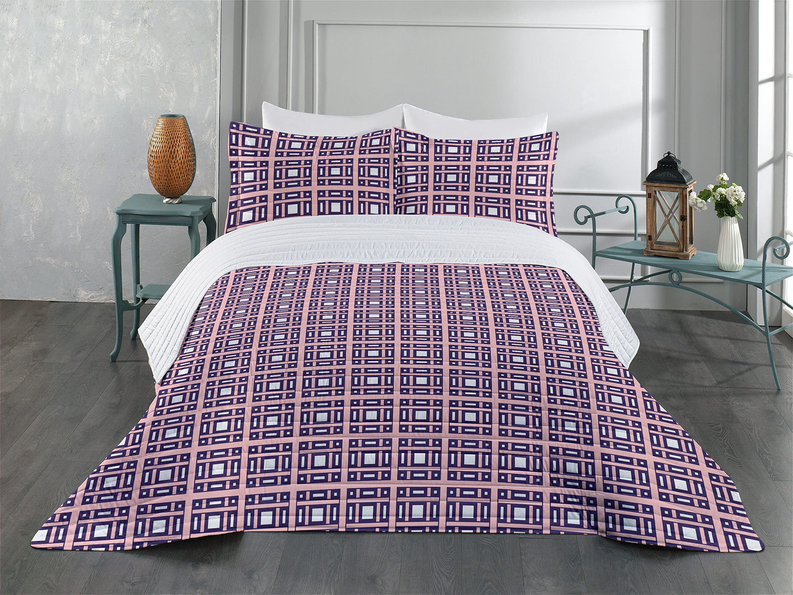 Ambesonne Geometric Microfiber Bedspread Set - King Size Dark Purple & White Symmetrical Square Rectangle Pattern with Pillow Shams & Comforter | Ultra Soft Bedding for Modern Bedroom Decor
