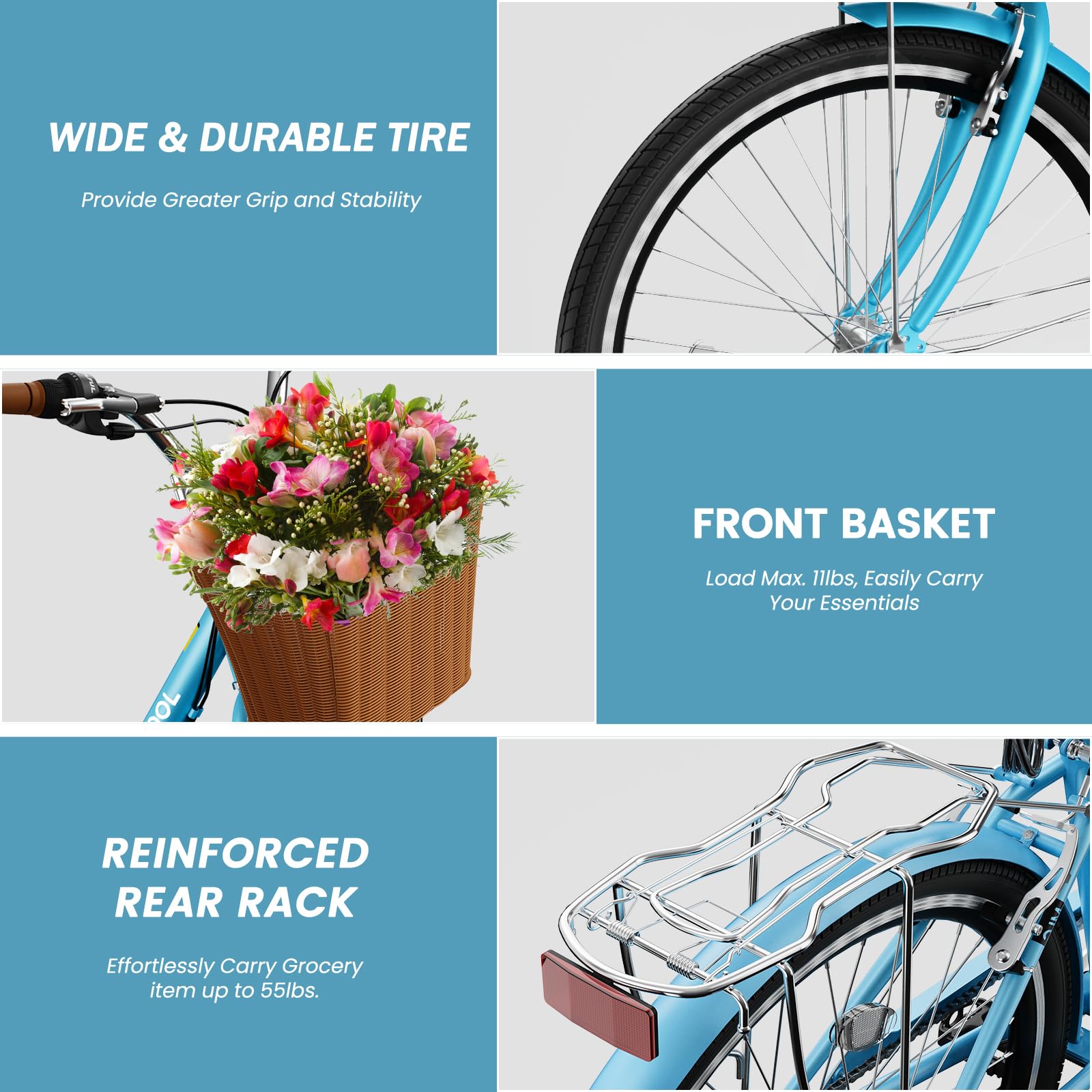 24/26 Inch Women's 7-Speed Cruiser Bike with Basket & Lock - Lightweight City Commuter Bicycle for Ladies - Perfect for Beach Rides, Daily Commuting & Leisure Cycling