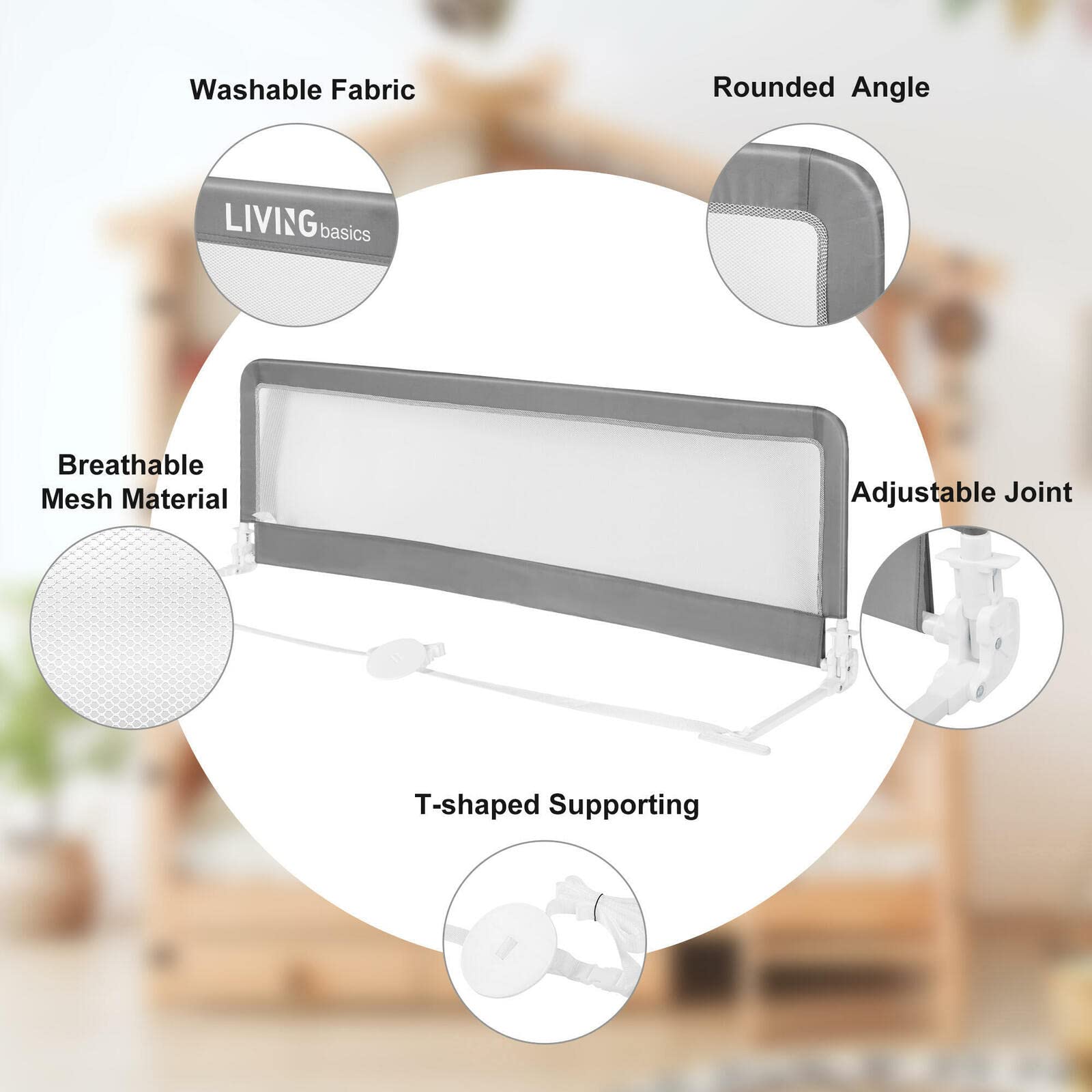 69'' Extra Long Baby Bed Rails - Swing Down Bed Bumper Guard for Twin, Full, Queen & King Mattresses (Grey) - Safe Toddler Bed Rail for Kids Room, Nursery & Travel - LIVINGbasics