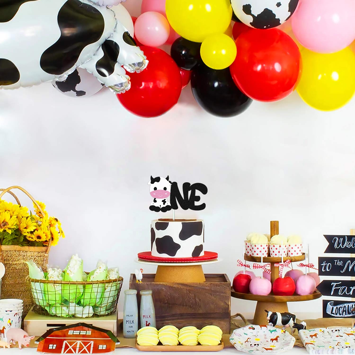 Happy 1st Birthday Cow Cake Topper - Double Sided Black Sparkle Farm Animal Cake Decorations for Cow Themed Birthday Parties, Zoo Celebrations & First Year Milestones - Perfect for Baby Showers, Farm Birthday Cakes & Nursery Decor