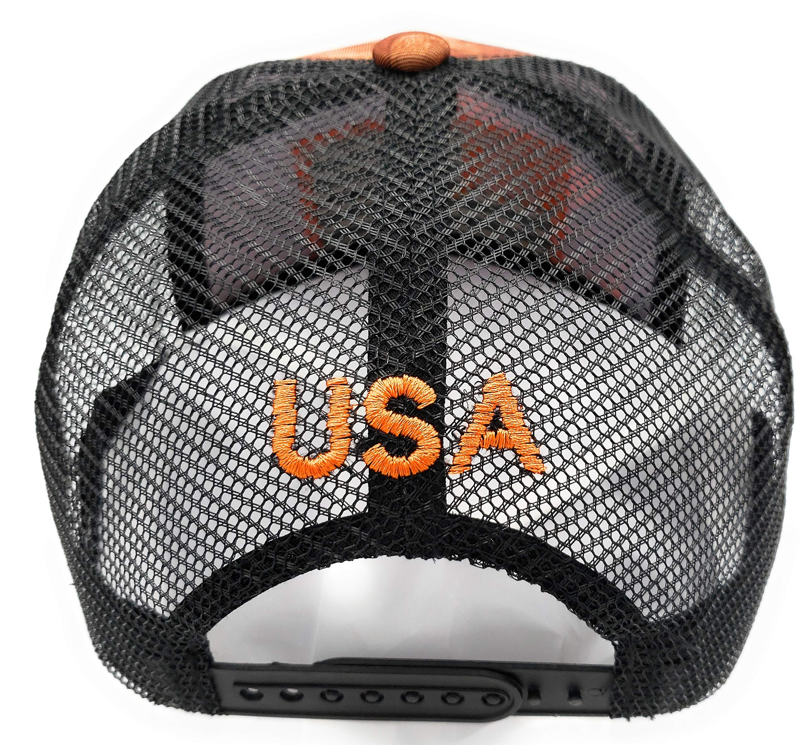 USA Flag EST 1776 Patriotic Mesh Trucker Hat - Lightweight Breathable Baseball Cap for Men & Women (Orange Tree Camo) - Perfect for 4th of July, Veterans Day, Outdoor Sports & BBQ Parties