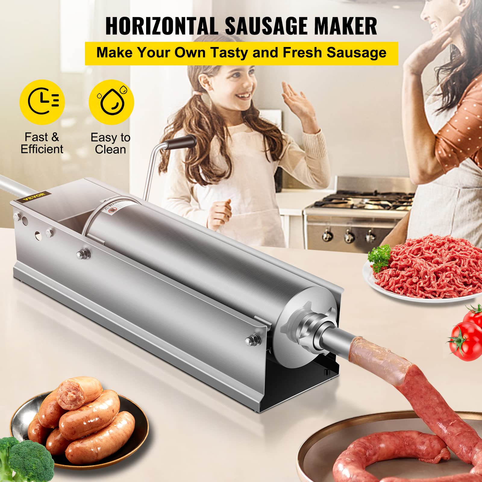 Happybuy 7L/15Lbs Manual Sausage Stuffer Machine - Stainless Steel Horizontal Sausage Maker with 5 Filling Nozzles for Home Kitchen & Commercial Use - Perfect for Making Homemade Sausages, Burgers, and Meat Stuffing