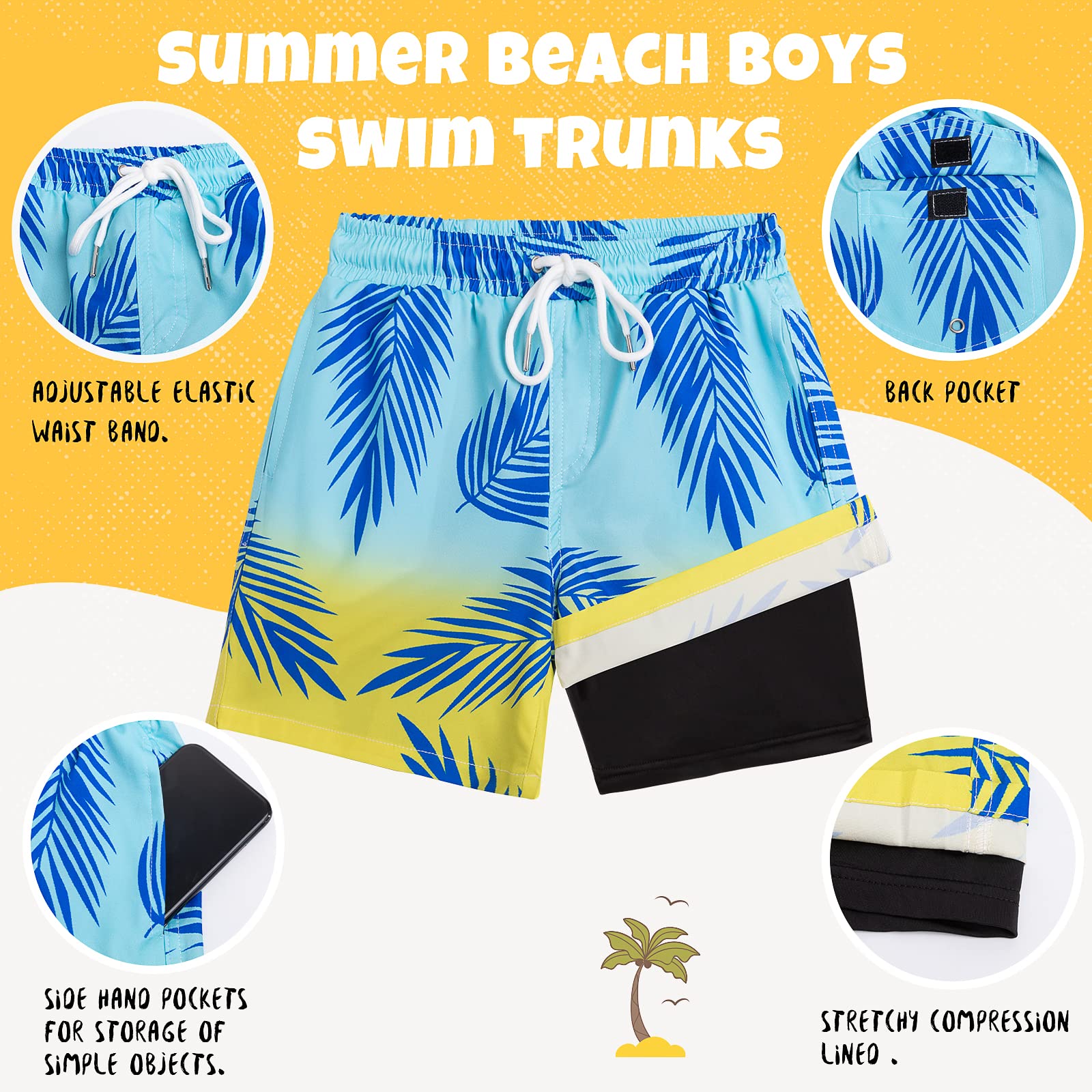**Boys Quick Dry Swim Trunks with Boxer Brief Liner - UPF 50+ Bathing Suit for Beach, Pool & Water Sports**    **Perfect for Swimming, Surfing, and Summer Outdoor Activities**