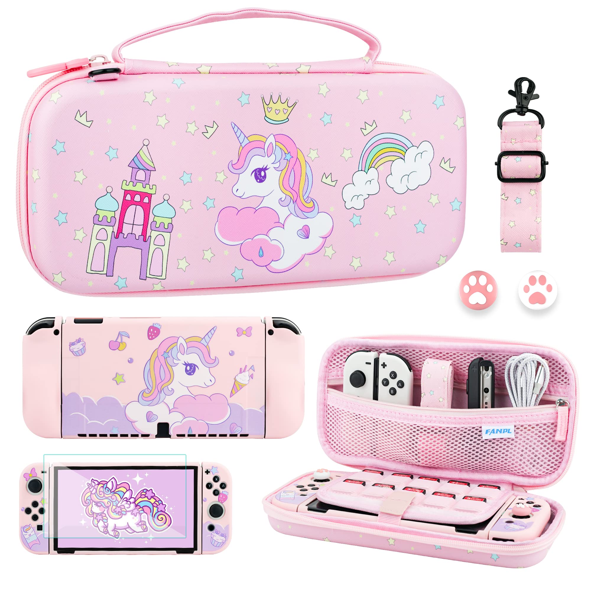 **Pink Unicorn Nintendo Switch OLED Travel Carrying Case - Slim Portable Storage Bag with Soft TPU Cover, Shoulder Strap, Screen Protector & 2 Thumb Caps - Perfect for Gaming On-The-Go & Travel Accessories**