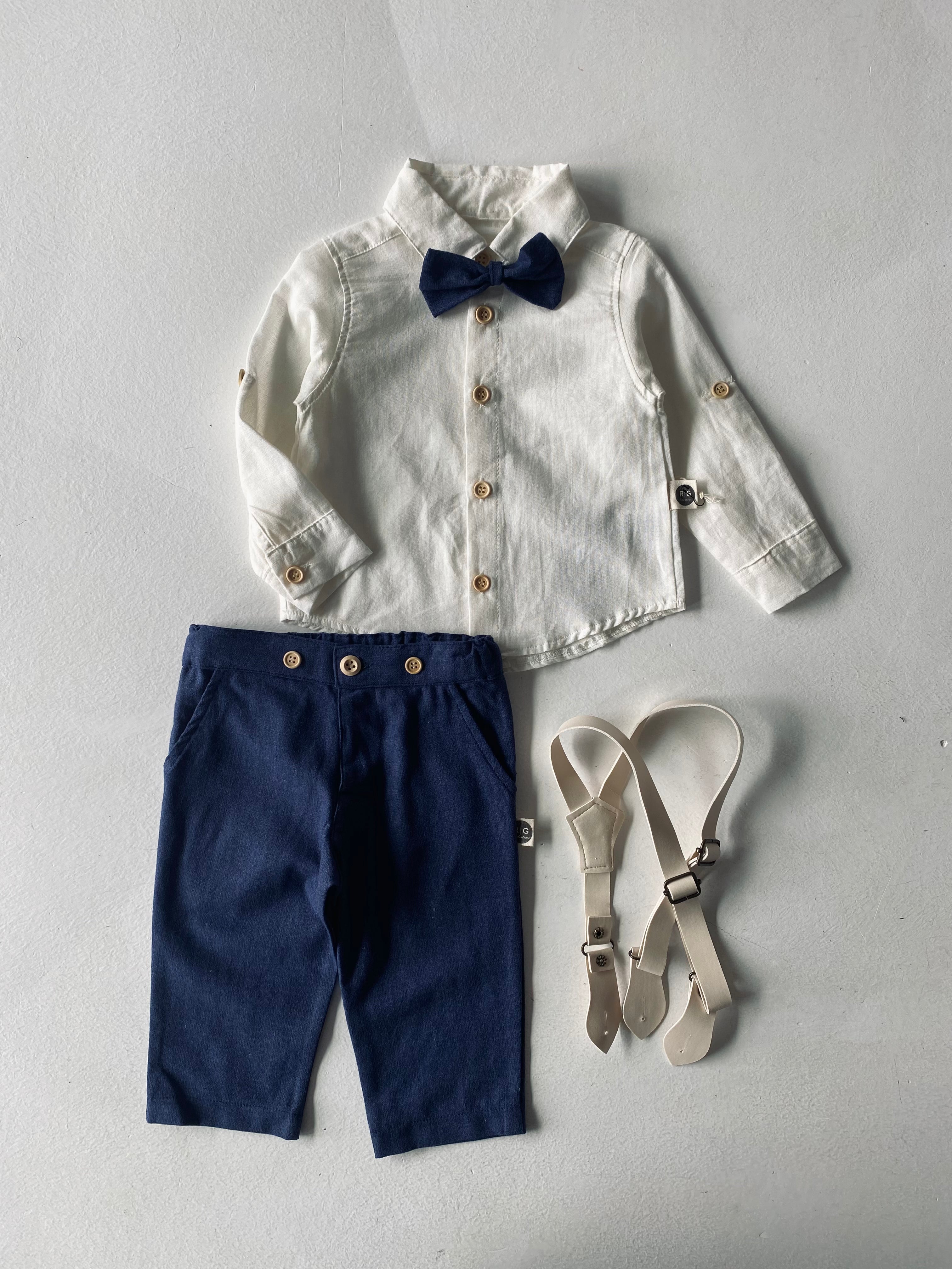 Baby Linen Shirt, Pants, Suspenders & Bowtie Romper Set - Perfect for Newborn Photoshoots, Christenings & Special Occasions