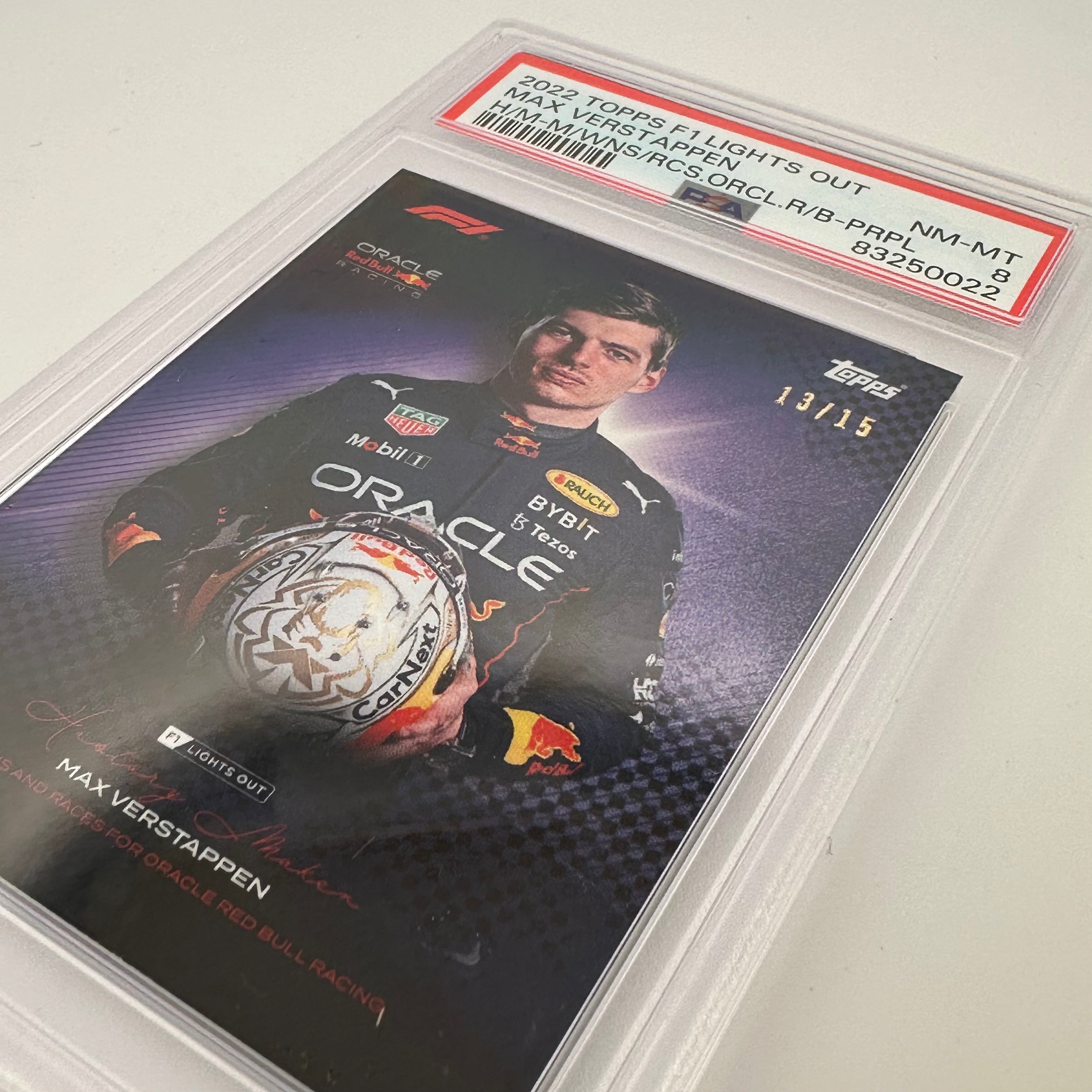 PSA 8 Max Verstappen 2023 Purple Parallel /15 - Most Wins & Races for Oracle Red Bull Racing - F1 Racing Collectible for Display & Investment