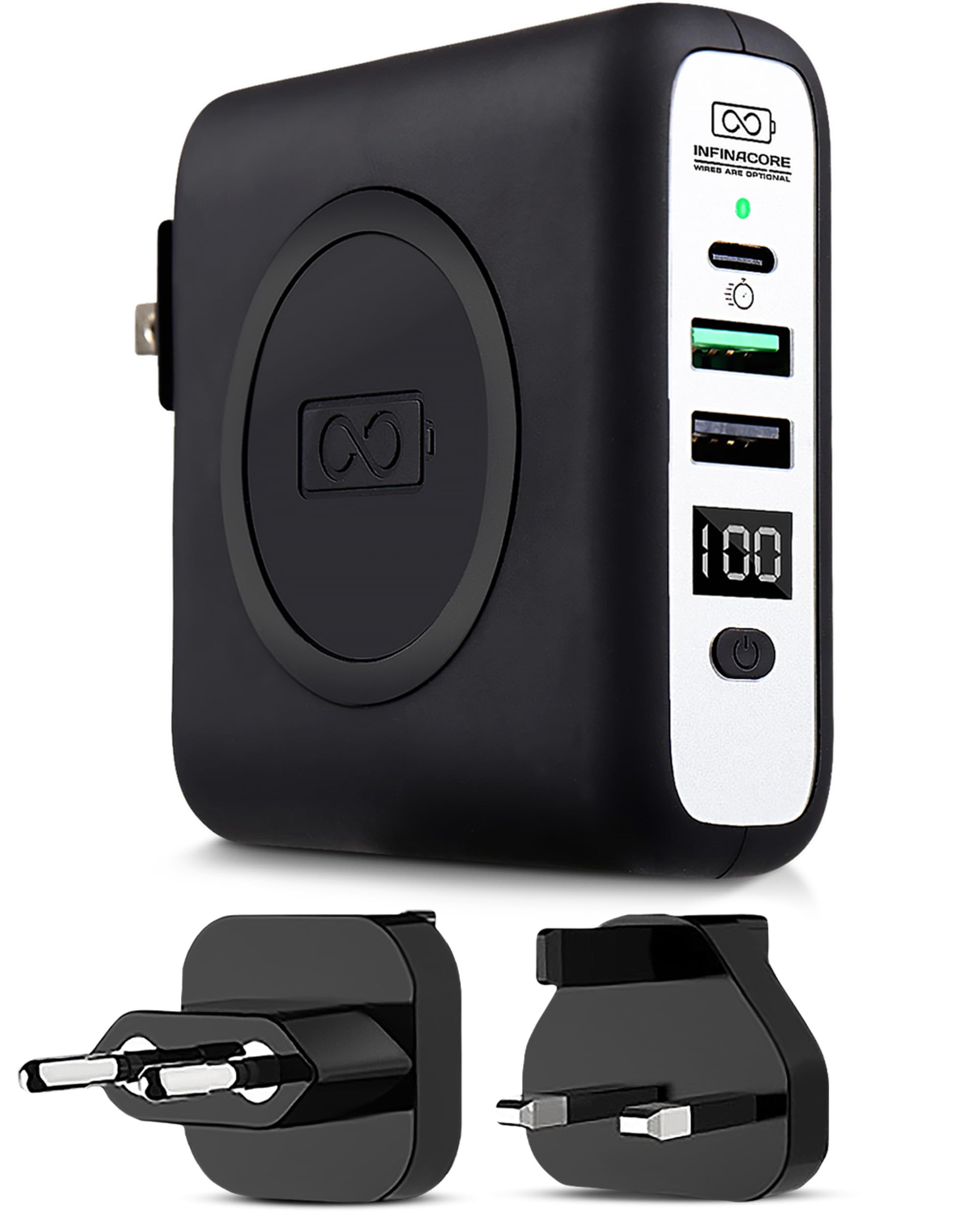 InfinaCore P3 Pandora 10000mAh Portable Power Bank - 3-in-1 Fast Wireless Charger for iPhone 15/14/13, Samsung Galaxy S23/S22 - USB C & USB 2.0 Compatible - Includes Global Travel Adapters - Perfect for Travel, Camping & Emergency Charging - Midnight Black