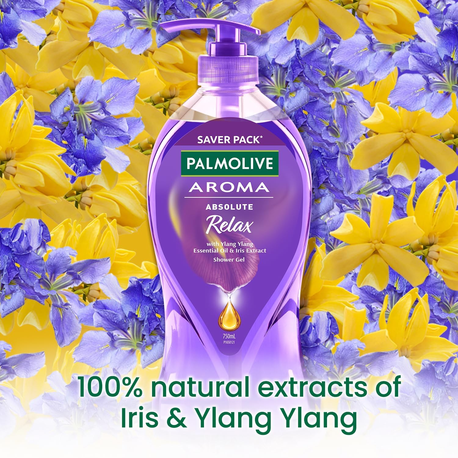 Palm'olive Aroma Absolute Relax Body Wash for Women & Men - 750ml Shower Gel with 100% Natural Ylang Ylang Essential Oil & Iris Extracts | pH Balanced, Soft & Smooth Skin | Single Pump Bottle | Perfect for Daily Shower, Spa & Relaxation at Home