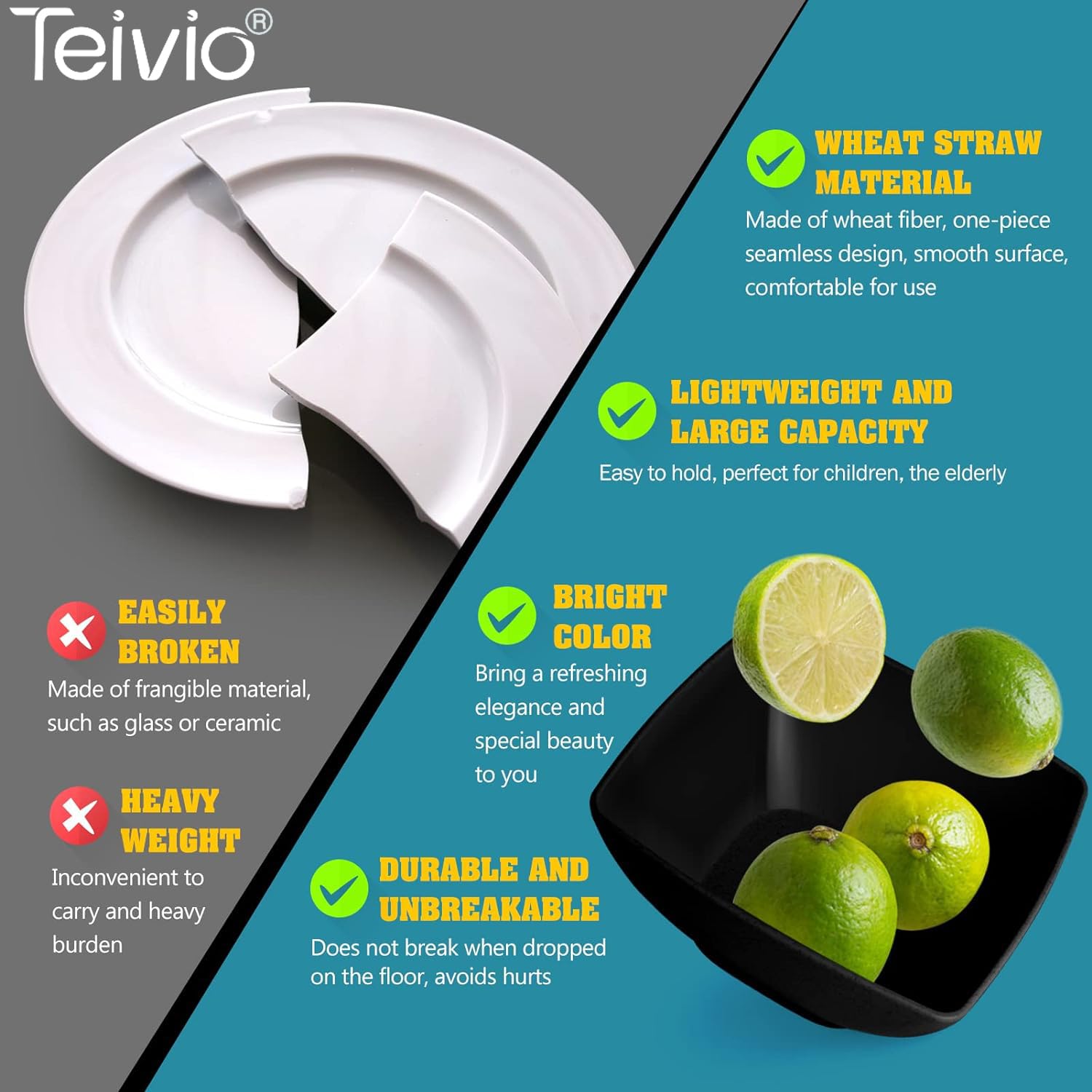 Teivio 32-Piece Unbreakable Plastic Wheat Straw Dinnerware Set for 8 - Square Dinner Plates, Salad Plates, Snack Bowls & Tumblers | Dishwasher Safe, Eco-Friendly Black Tableware | Perfect for Parties, Picnics & Everyday Dining