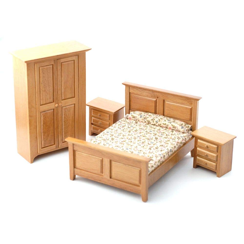 Melody Jane 1:12 Scale Light Oak Dollhouse Bedroom Furniture Set - 4 Piece Miniature Country Style Dollhouse Accessories for Collectors & DIY Enthusiasts | Perfect for Dollhouse Decor, Miniature Displays & Model Home Projects