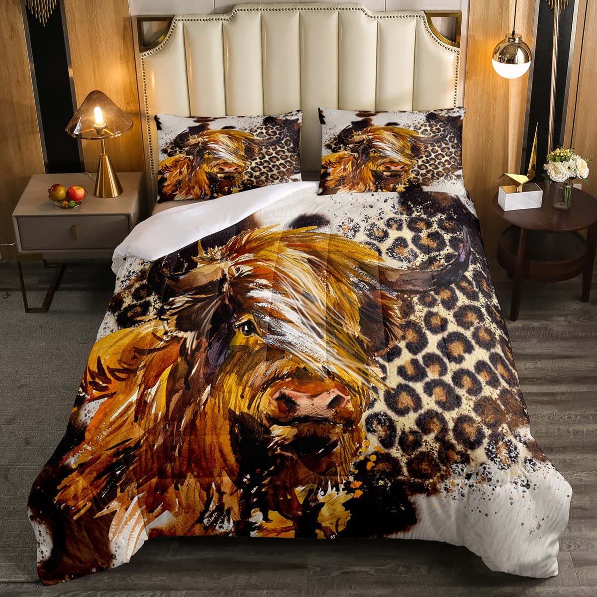 Highland Cow Painting Bedding Set Twin Size - Western Animal Print Comforter Set with Cow Fur & Leopard Design for Kids Boys | Farmhouse Style Quilt/Duvet Cover with Pillow Sham | Perfect for Western Themed Bedrooms & Cowboy Decor