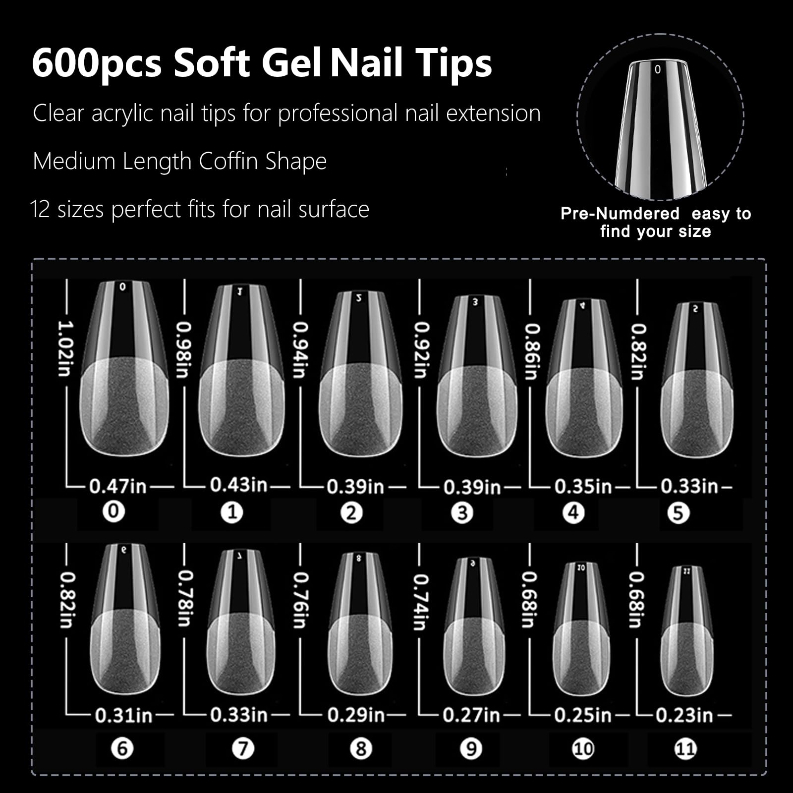 AddFavor 600pcs Clear Coffin Nail Tips - Medium Soft Gel Ballerina Full Cover Acrylic Fake Nails for Extension, Manicure Salon & Home DIY - Perfect for Parties, Weddings & Everyday Nail Art