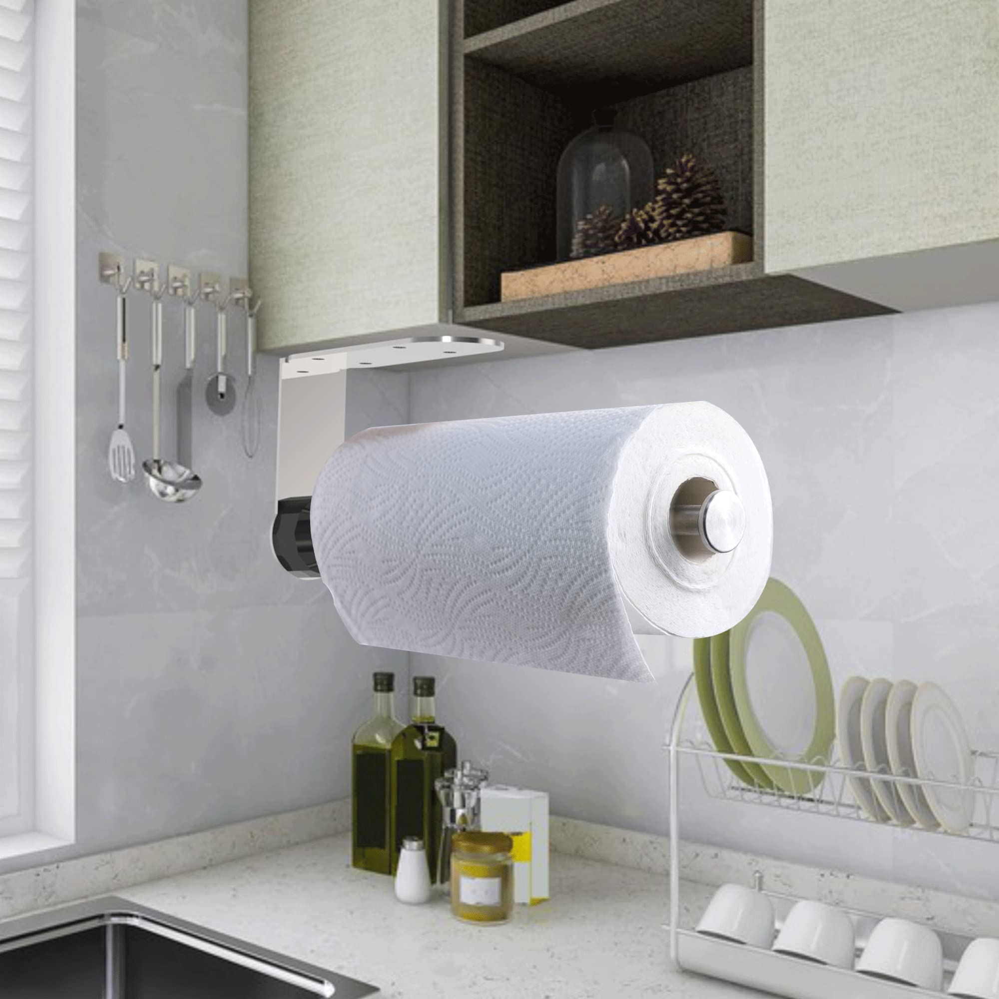 Under Cabinet Paper Towel Holder - Self Adhesive Stainless Steel Kitchen Towel Rack with Damping, Brushed Nickel Finish, Corrosion & Rust Resistant - Perfect for Kitchen Countertop, Bathroom, Office & RV Use