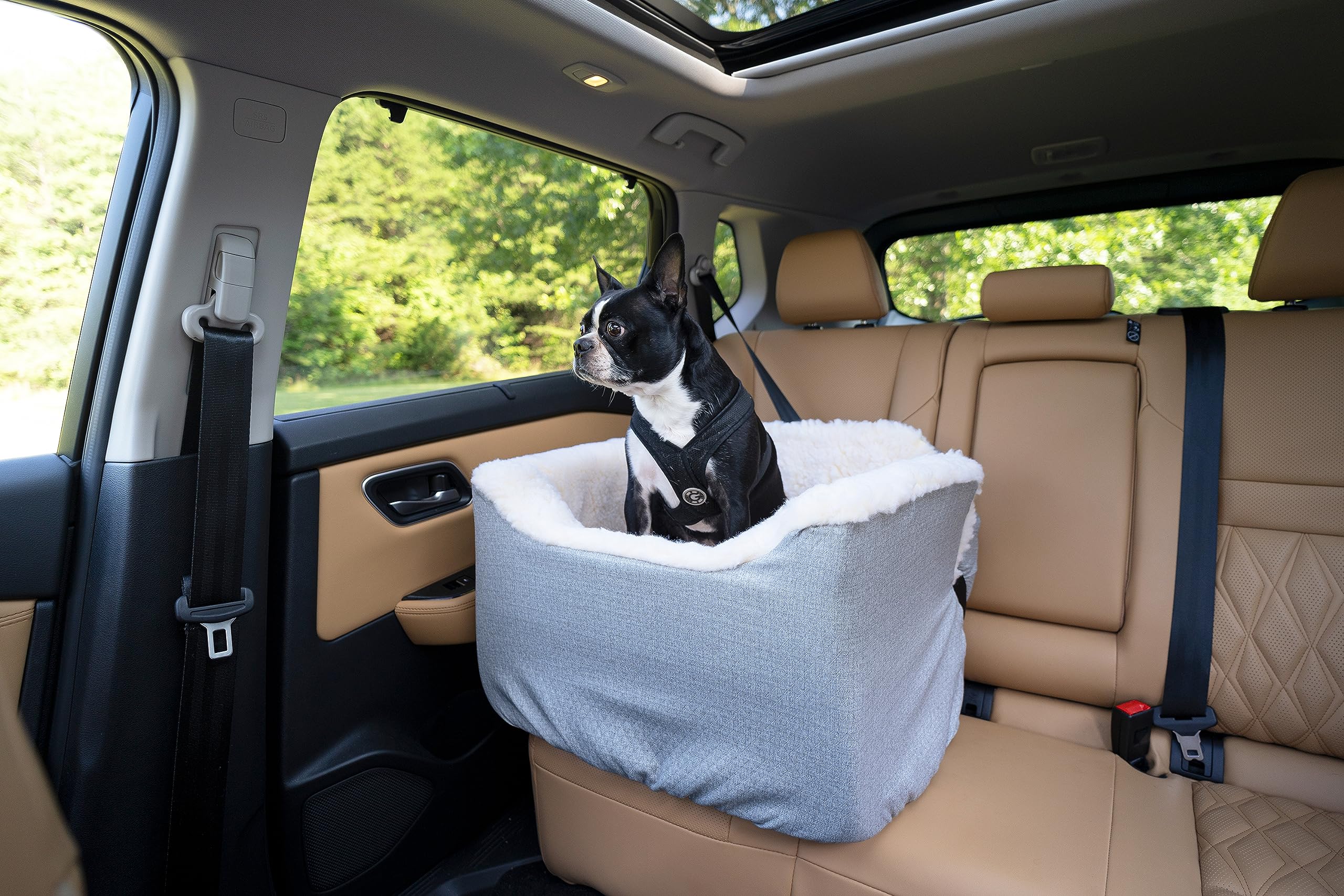 Snoozer Lookout I Dog Car Seat for Small & Medium Dogs up to 25 Lbs - Washable Sherpa Lined Pet Booster Bed with Elevated Design for Safe Travel - Medium Size in Stone Diamond | Perfect for Road Trips & Daily Car Rides with Your Puppy