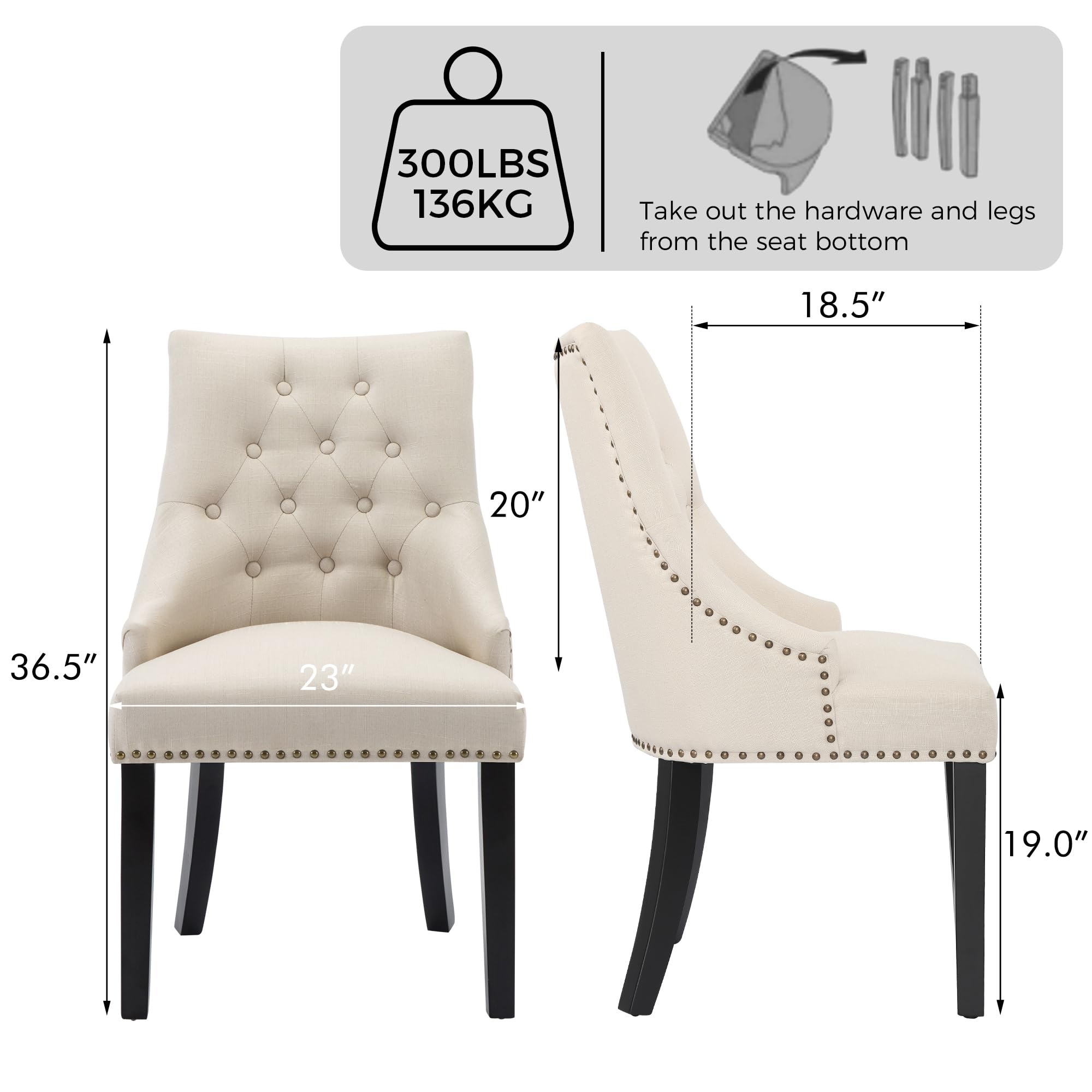 LSSBOUGHT Set of 2 Tufted Upholstered Dining Chairs with Padded Studded Design & Solid Black Wood Legs - Accent Armchairs for Living Room, Kitchen, Bedroom - Perfect for Home Decor, Dining Sets & Cozy Seating (Beige)