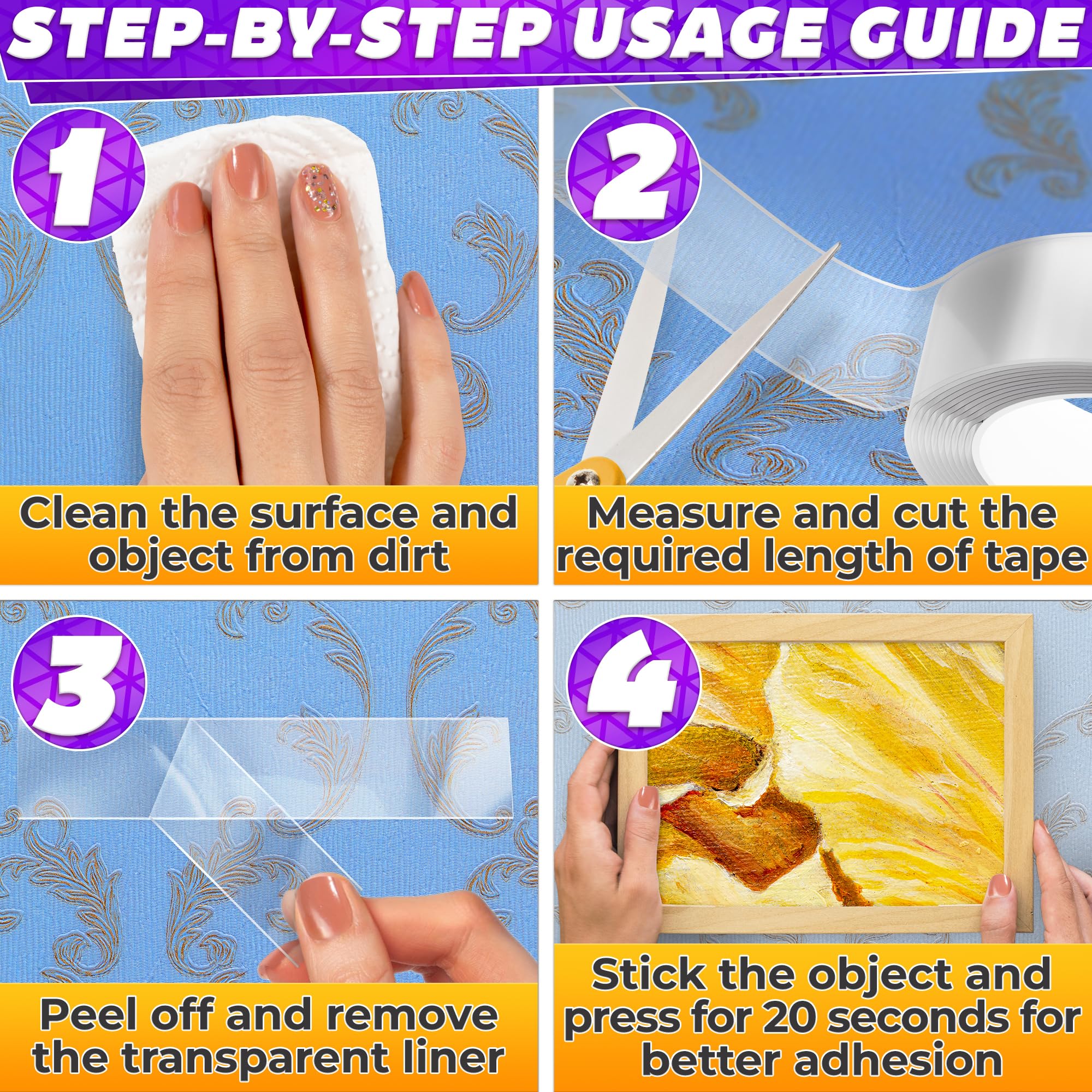 Strong Double Sided Tape - Heavy Duty Nano Adhesive Mounting Tape for Walls, Carpets & Home Decor | Reusable & Damage-Free Hanging Solution for Pictures, Mirrors, Hooks & DIY Projects