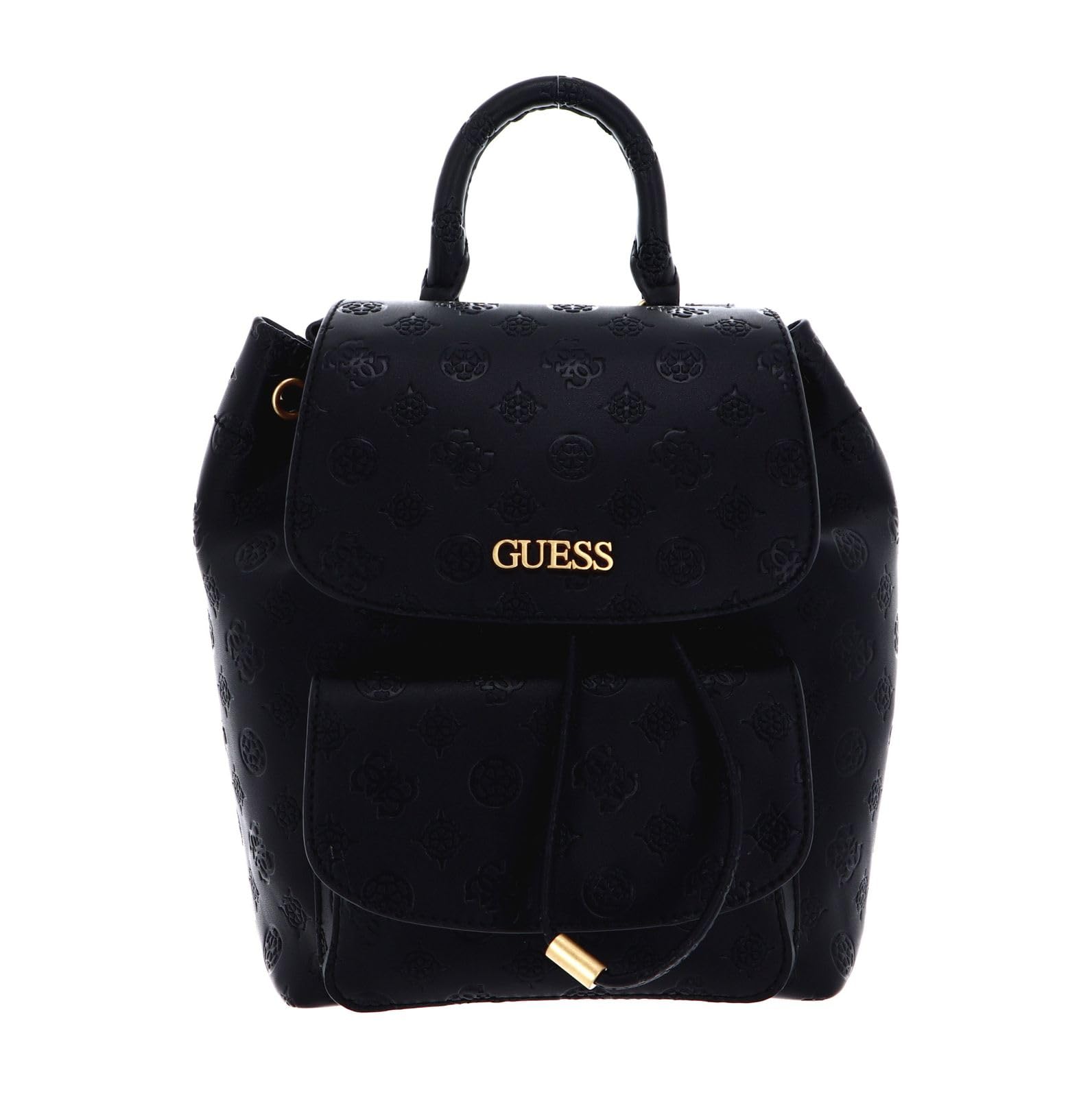 Guess Geva Flap Backpack for Women - Faux Leather Embossed Shoulder Bag with Logo (Black, B24GU01) - Perfect for Work, Travel & Daily Commute