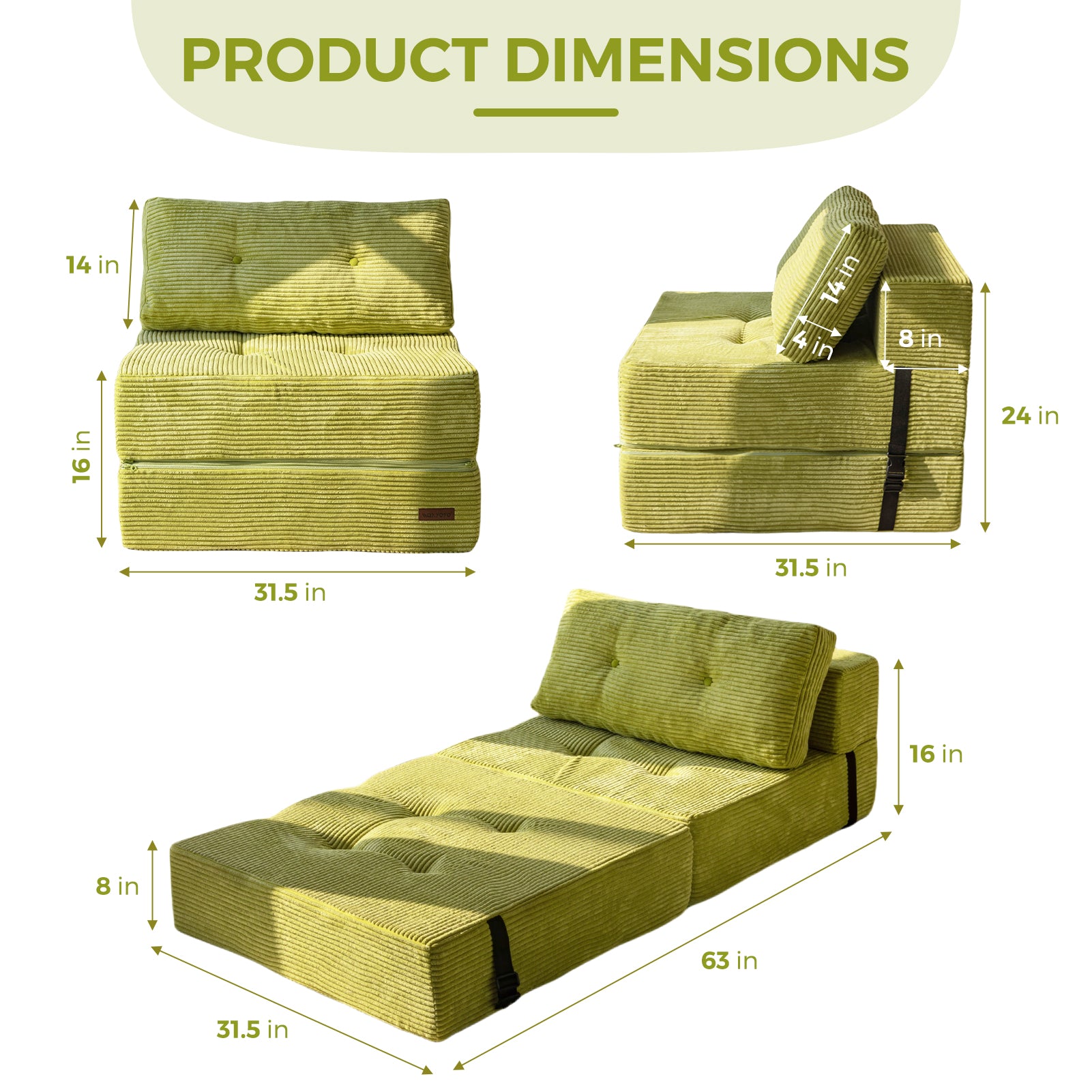 MAXYOYO Folding Sofa Bed - Convertible Sleeper Sofa with High Density Support Foam for Living Room, Bedroom & Small Spaces | Comfortable Guest Bed | Green