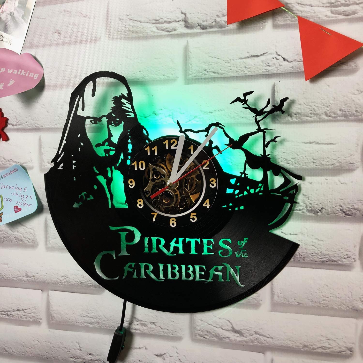 Pirates of The Caribbean Jack Sparrow LED Wall Clock with Backlight - Vintage Vinyl Night Light for Living Room, Bedroom & Office Decor | Silent Non-Ticking Battery Operated Clock with Atmosphere Lighting