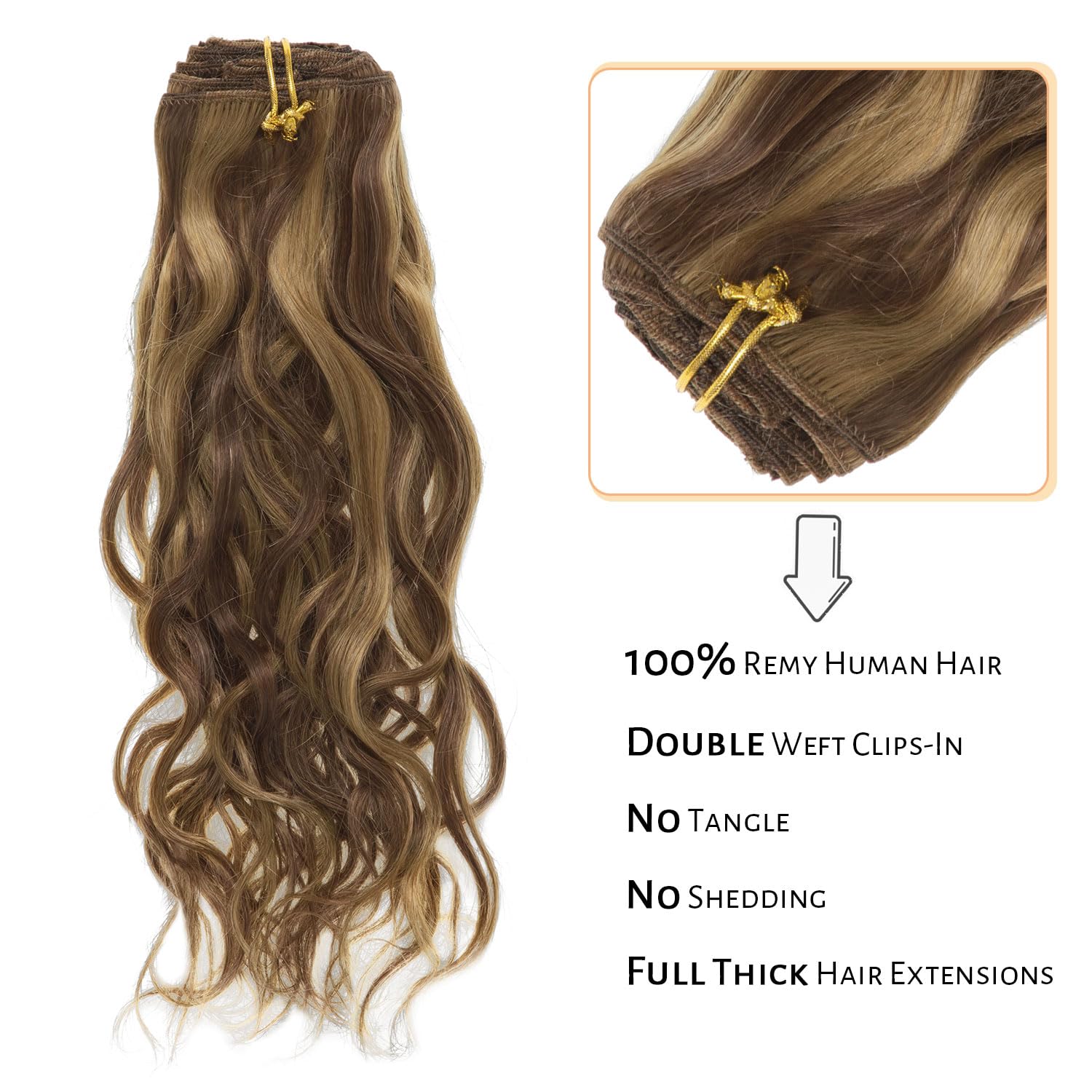 14 Inch Curly Clip-in Hair Extensions - Highlight Honey Blonde with Dark Brown | 120g Thick Human Hair | Natural Wavy Clip-ins for Volume & Length | Perfect for Parties, Weddings & Daily Styling (Color #P4/27)
